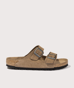 Arizona Suede Leather Sandals by Birkenstock in Dark Tea Tonal. Shot by EQVVS. Front shot.