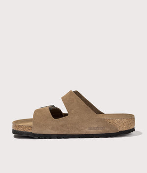 Arizona Suede Leather Sandals by Birkenstock in Dark Tea Tonal. Shot by EQVVS. Back shot.