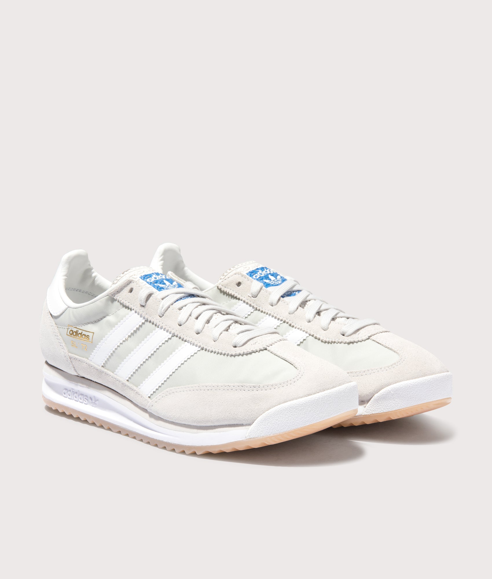 adidas Originals SL 72 R's Trainers in Grey One/Cloud White/Crystal White. Shot at EQVVS. Side angle shot. 
