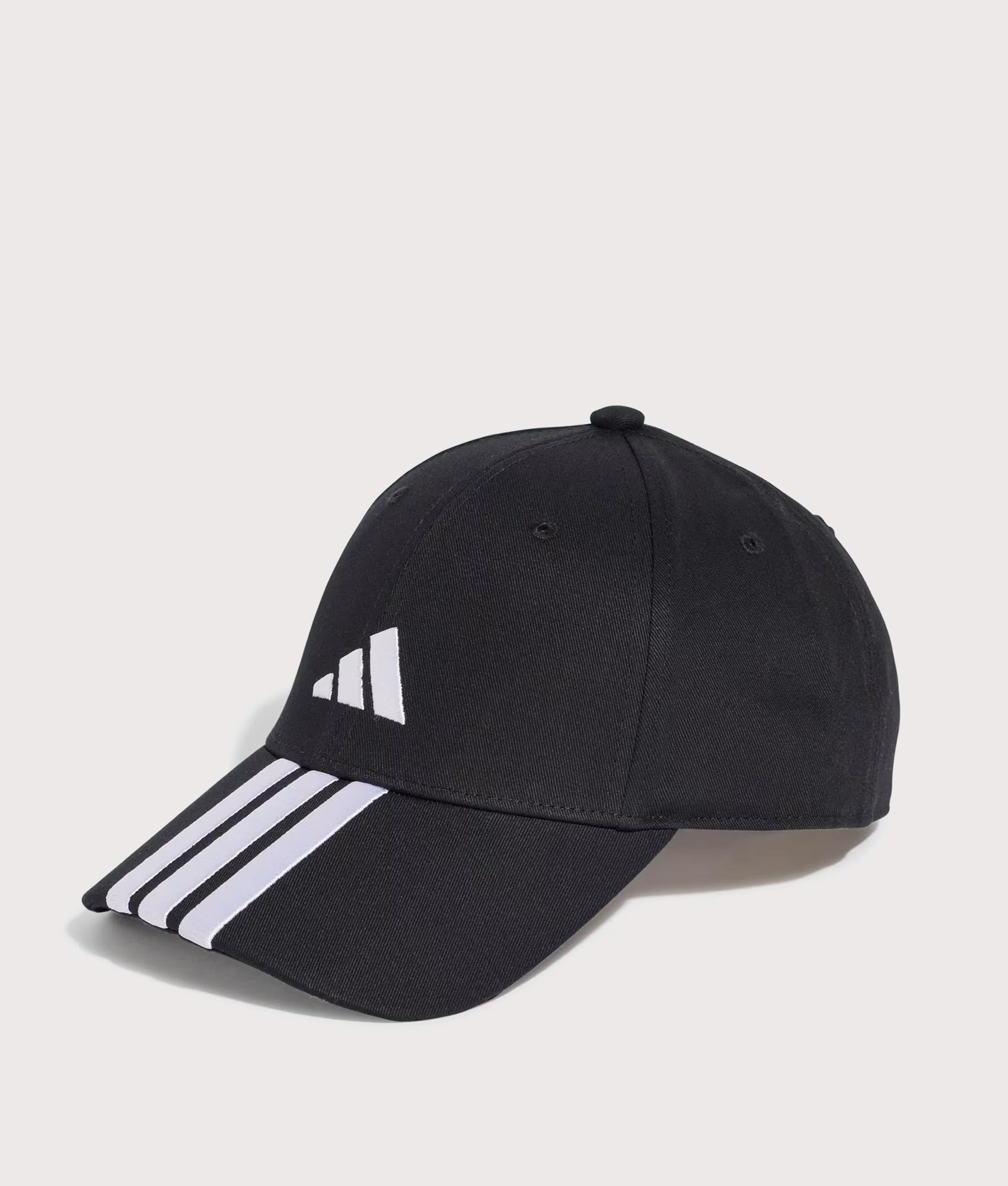 adidas Originals 3 Stripes New Logo Baseball Cap in Black and White at EQVVS Menswear. Angled front shot.