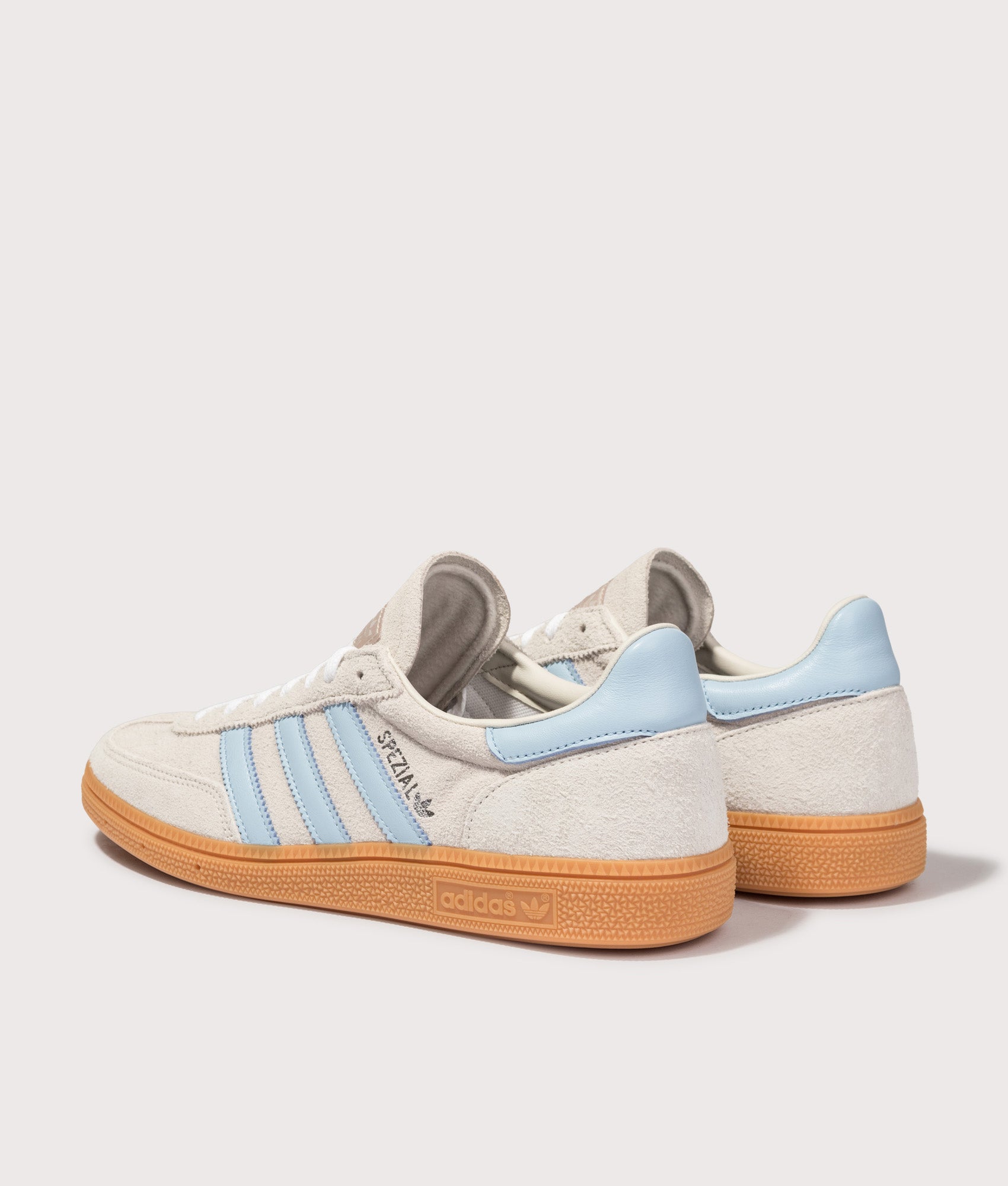 adidas Originals Handball Spezial Trainers in Alumina, Clear Sky and Gum 1 at EQVVS Menswear. Angled back shot.