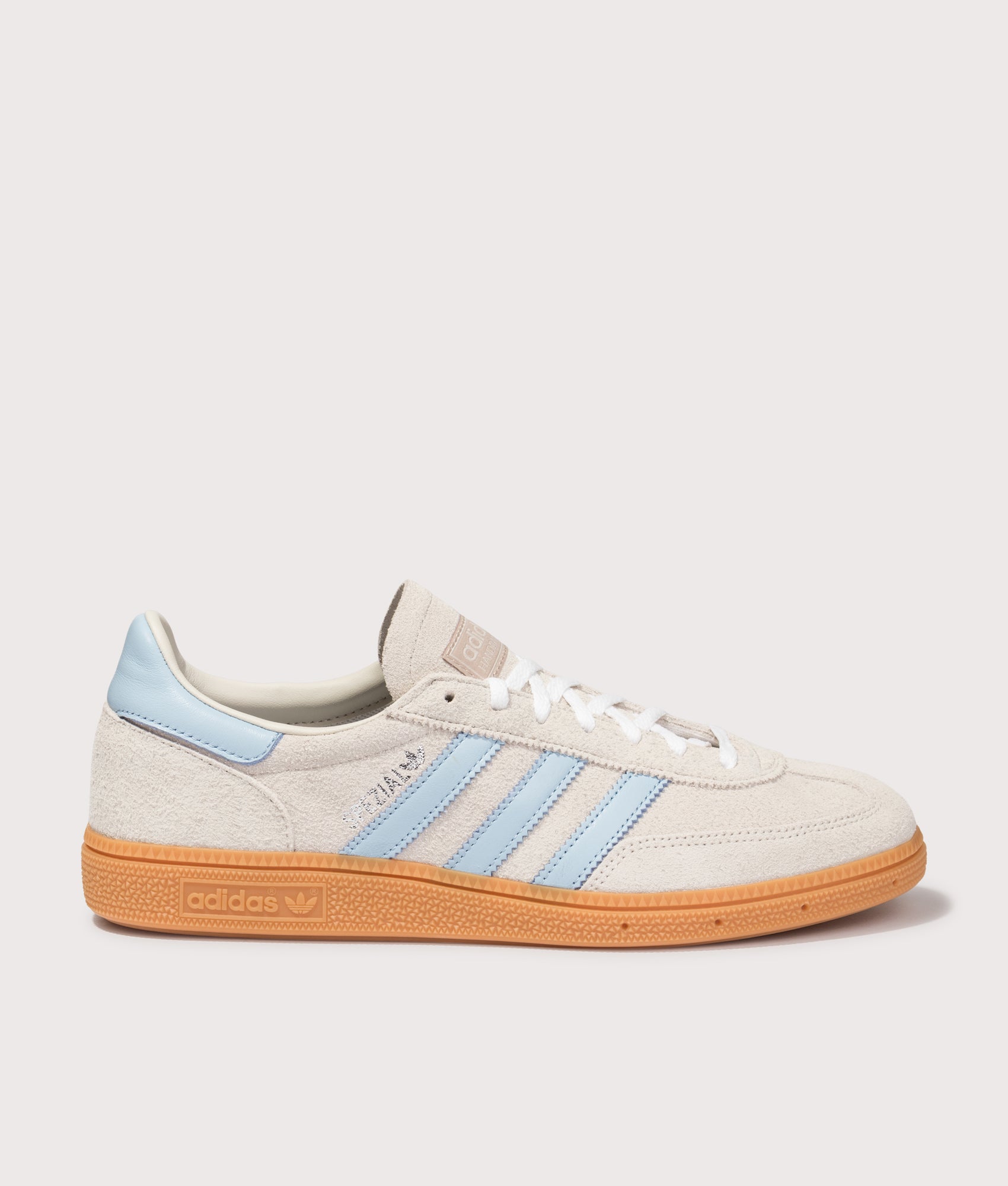 adidas Originals Handball Spezial Trainers in Alumina, Clear Sky and Gum 1 at EQVVS Menswear. Side shot.