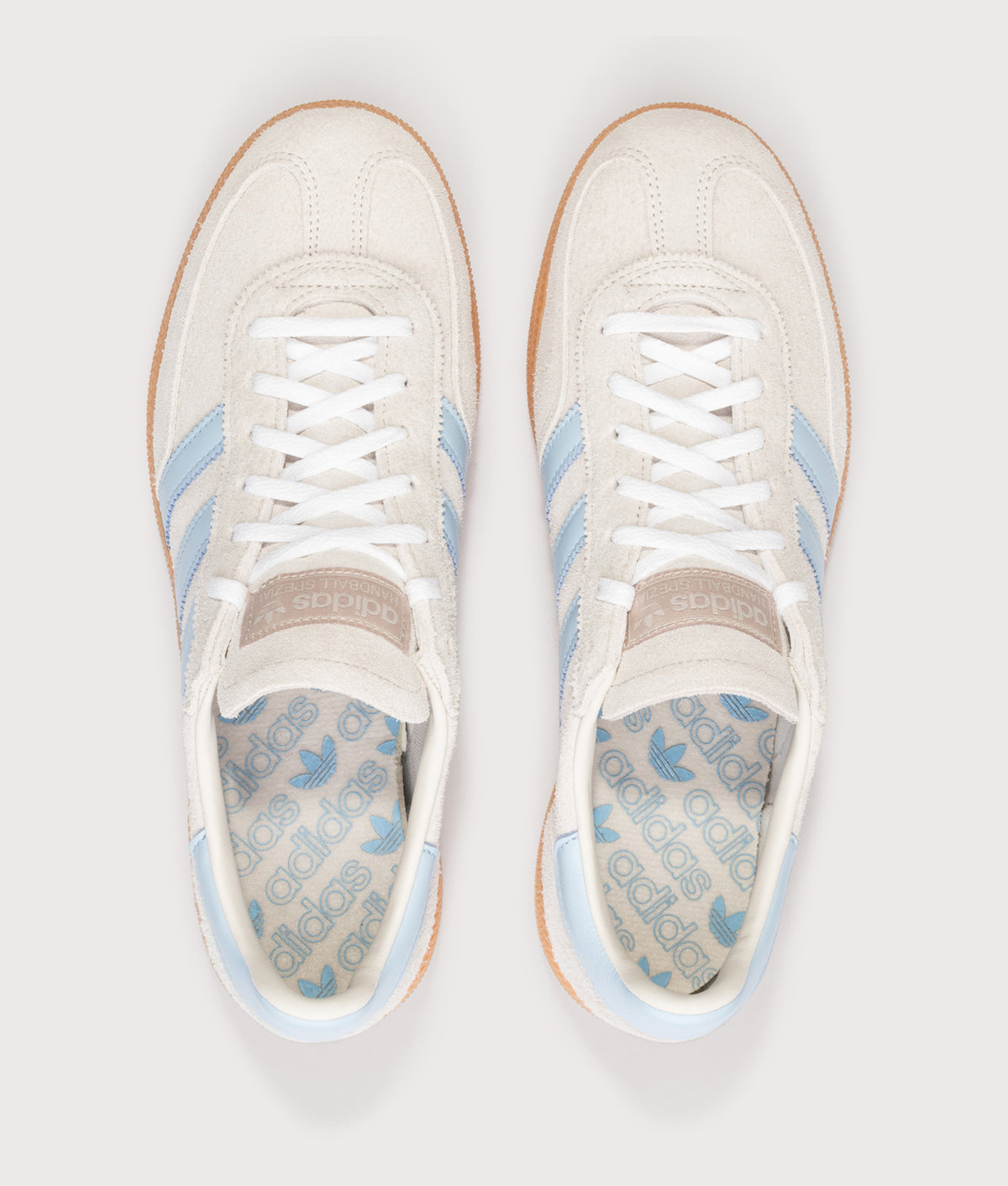 adidas Originals Handball Spezial Trainers in Alumina, Clear Sky and Gum 1 at EQVVS Menswear. Top shot.