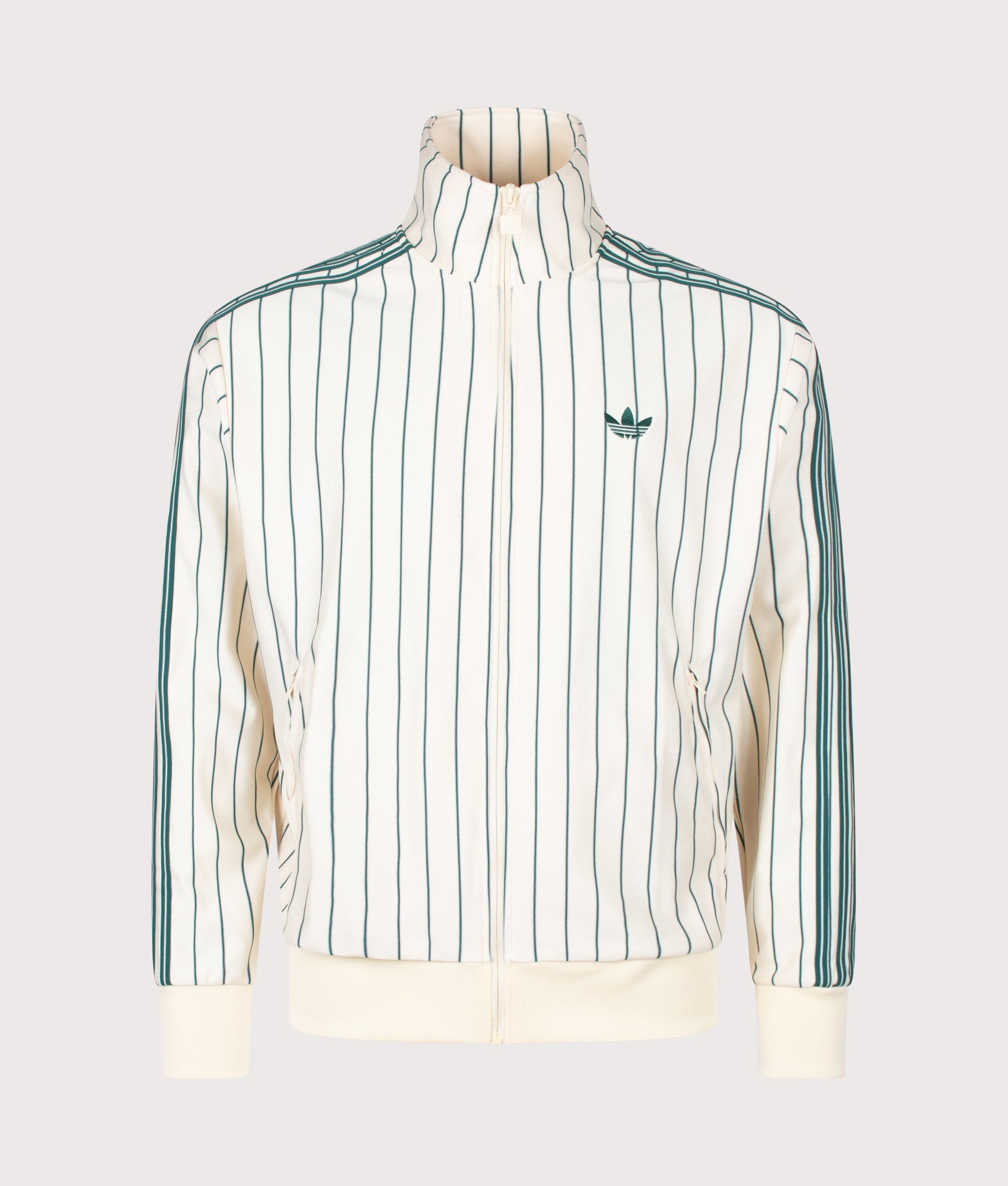 adidas Originals Loose Fit Firebird Pinstripe Track Top in in Pin stripe Warm Vanilla at EQVVS Menswear. Front shot.