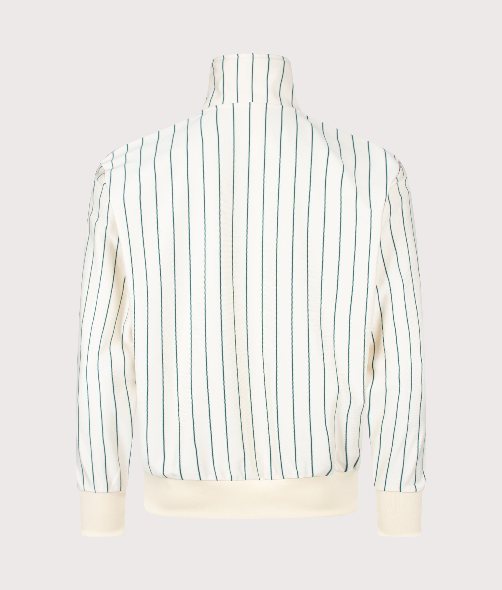 adidas Originals Loose Fit Firebird Pinstripe Track Top in in Pin stripe Warm Vanilla at EQVVS Menswear. Back shot.