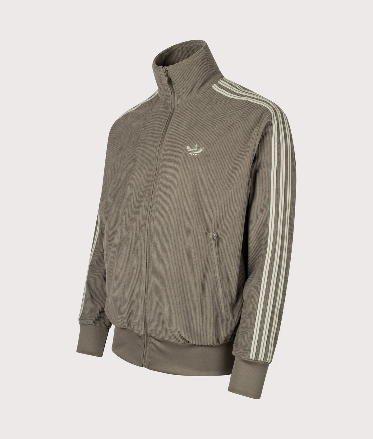 adidas Originals Loose Fit Firebird Corduroy Track Top in Branch at EQVVS Menswear. Angled front shot.