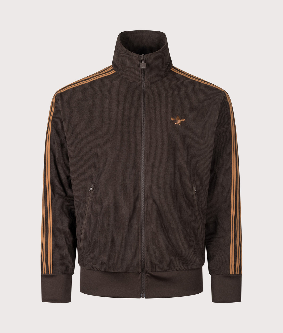 adidas Originals Loose Fit Firebird Corduroy Track Top in Aurora Coffee at EQVVS Menswear. Front shot.