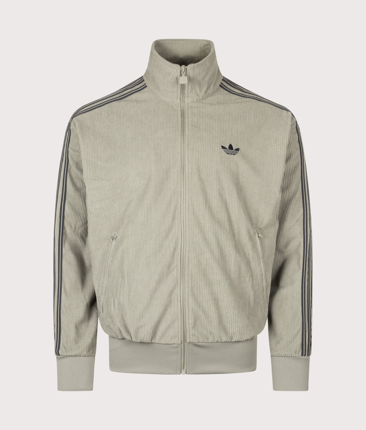 adidas Originals Loose Fit Firebird Corduroy Track Top in Silver Pebble at EQVVS Menswear. Front shot.