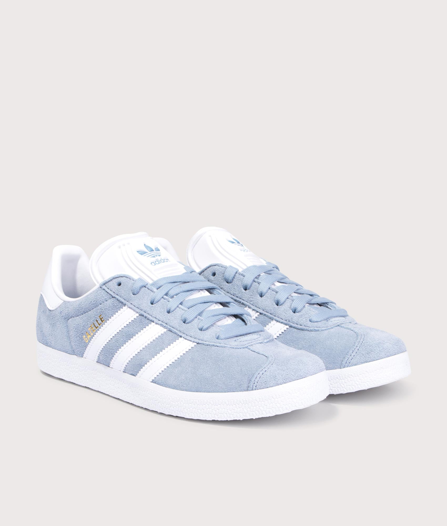 Adidas Originals Gazelle in Tactile Blue/Footwear White/Gold Metallic at EQVVS Menswear. Angled front shot.
