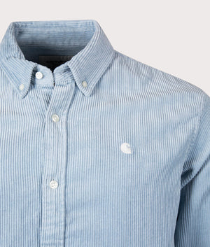 Carhartt WIP Relaxed Fit Madison Cord Shirt in Dusty Ice/Wax blue for men at EQVVS Detail Shot 