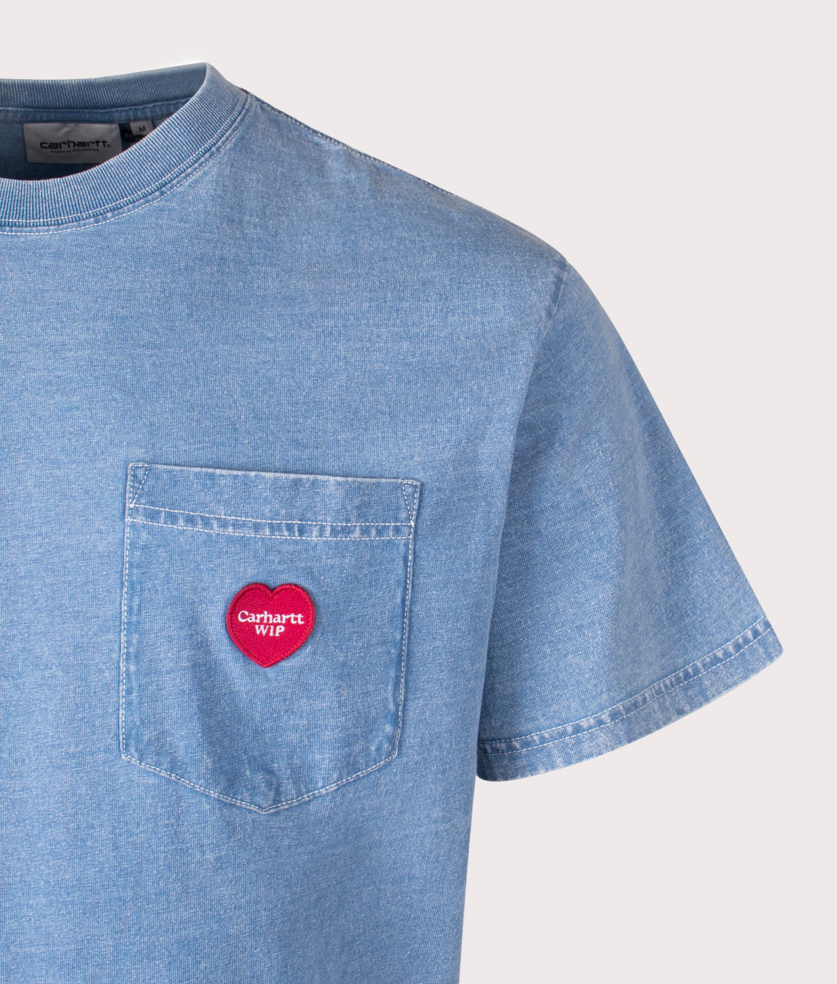 Carhartt WIP Relaxed Fit Ingo Pocket T-Shirt in Light Blue, 100% Cotton. Detailed logo shot. 