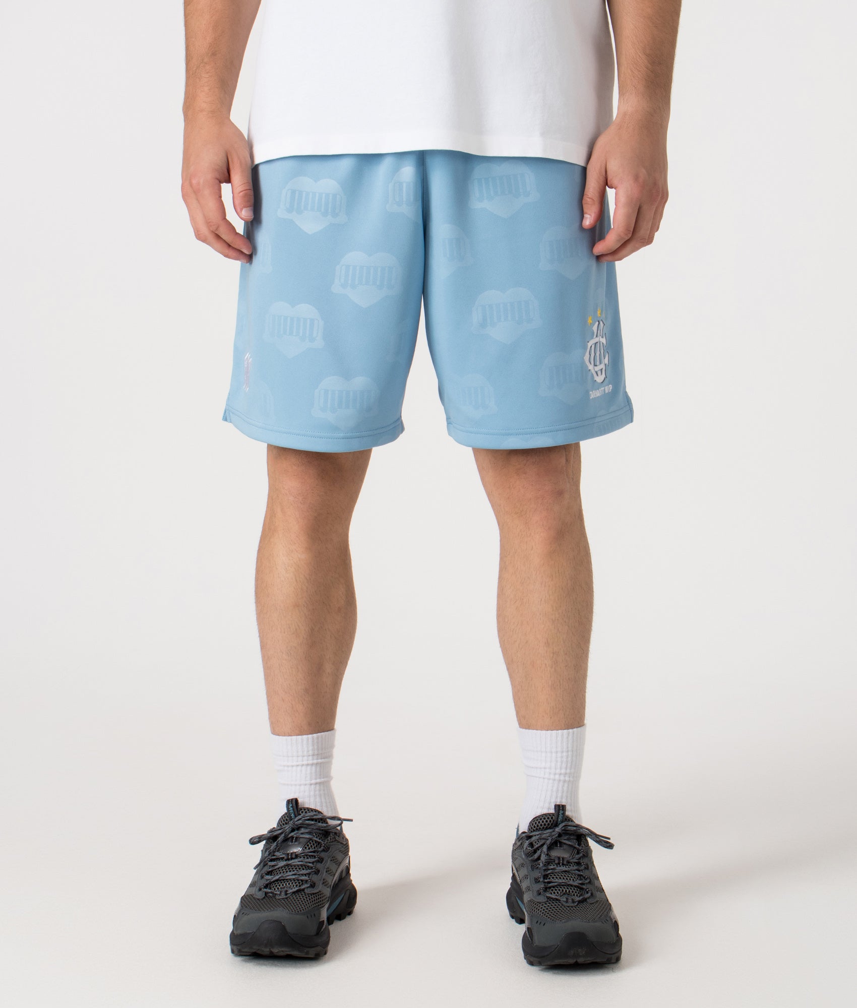 Relaxed Fit Hartt Football Shorts in Heart Train Jacquard and Bluebird. | Carhartt WIP | Shot at EQVVS |Front shot 