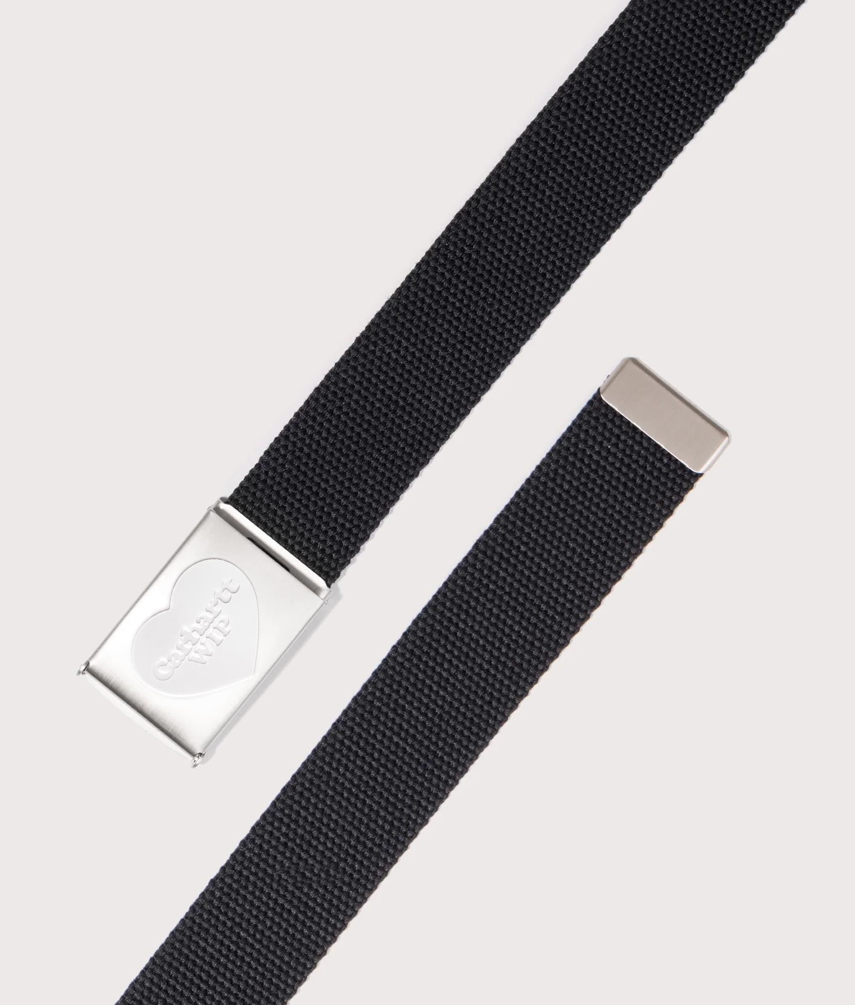 Carhartt WIP Heart Clip Belt in Black and Silver at EQVVS Menswear. Open shot.
