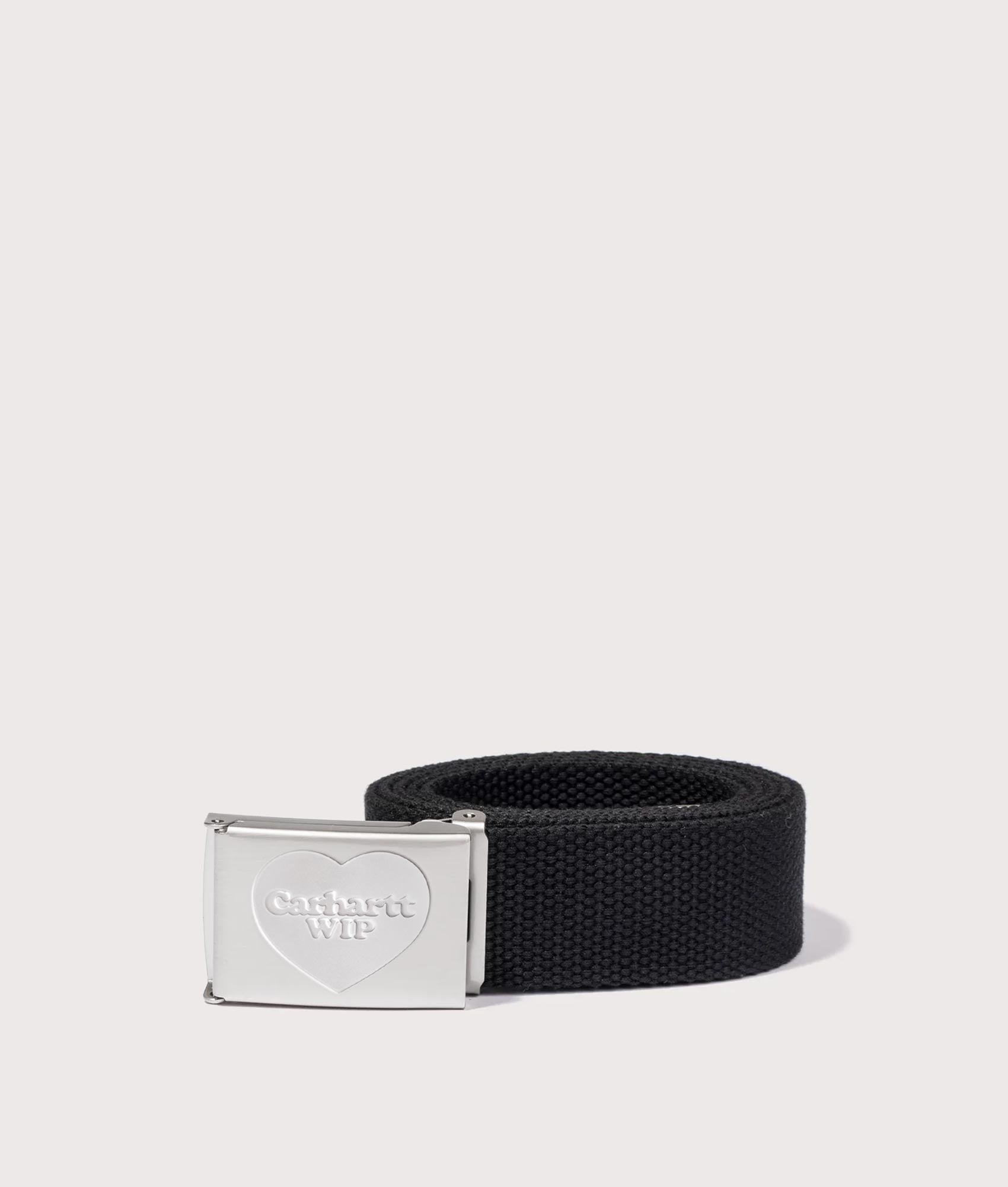Carhartt WIP Heart Clip Belt in Black and Silver at EQVVS Menswear. Rolled up shot.