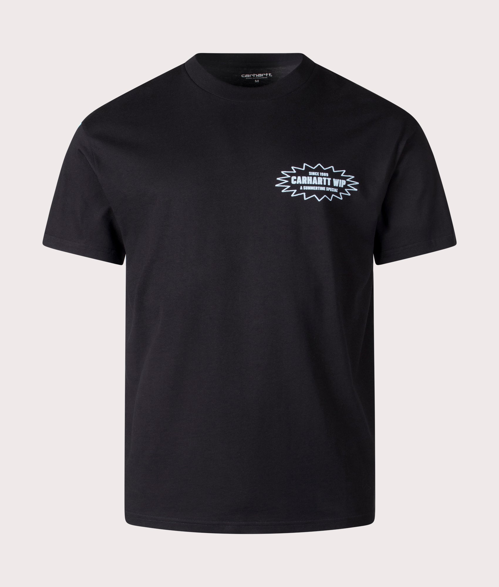 Carhartt WIP Relaxed Fit Catalogue T-Shirt in Black/Bluebird, 100% cotton at EQVVS. Front shot. 