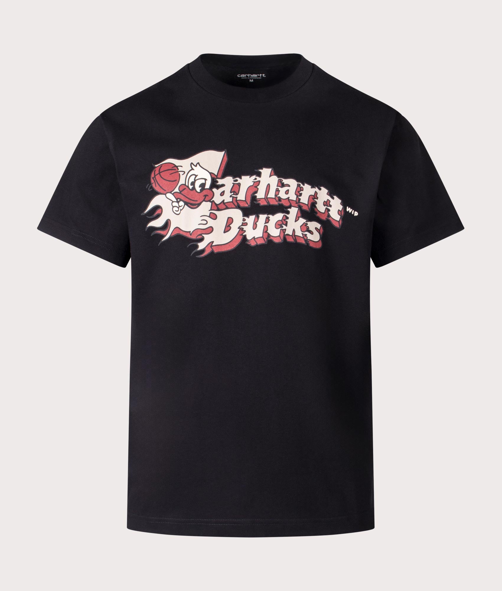 Carhartt WIP Relaxed Fit Flaming Ducks T-Shirt in Black, 100% Cotton at EQVVS. Front shot. 