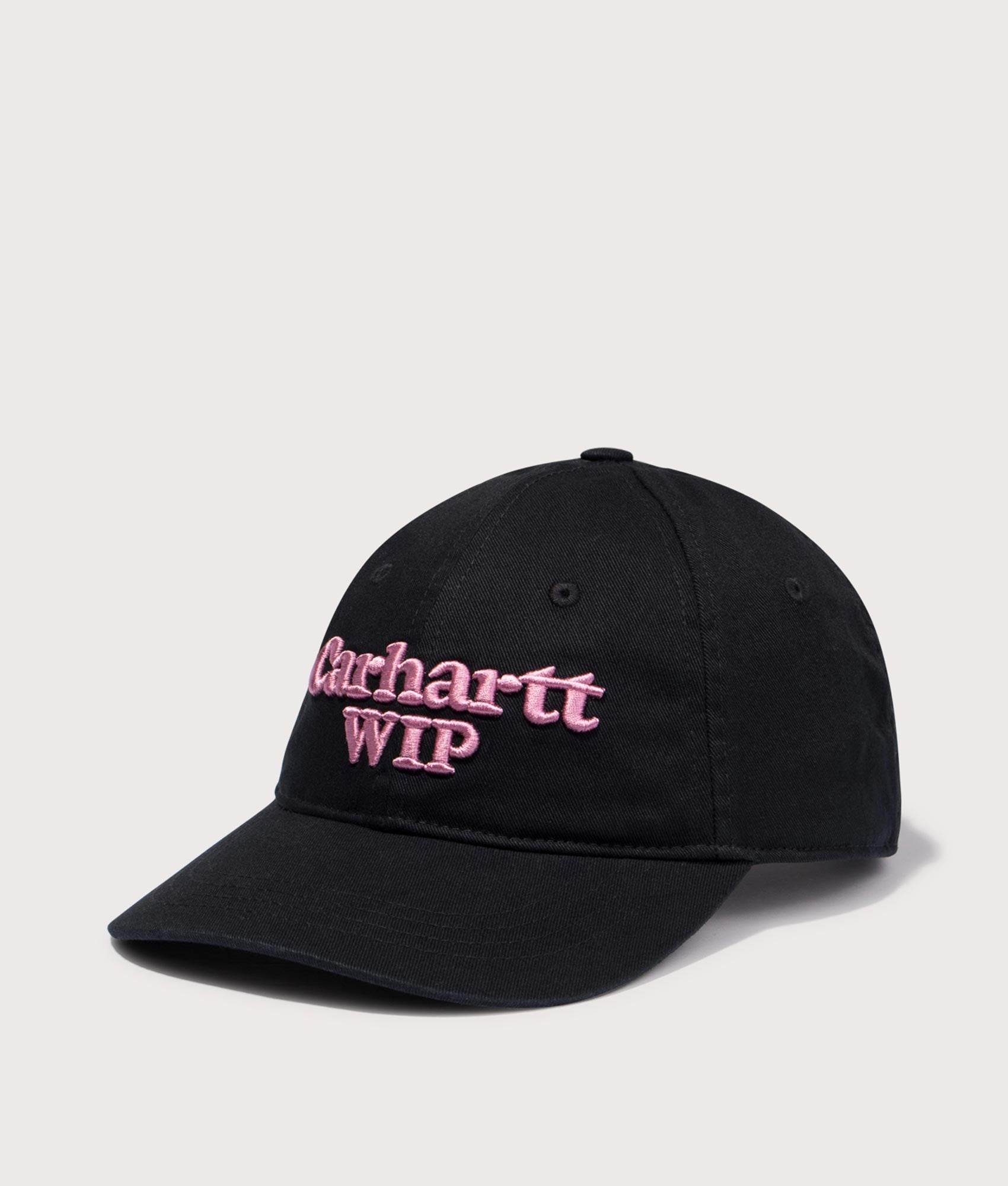 Carhartt WIP Script Cap in Black/Hortensia. 100% Cotton | Carhartt WIP | EQVVS | Front angle shot 