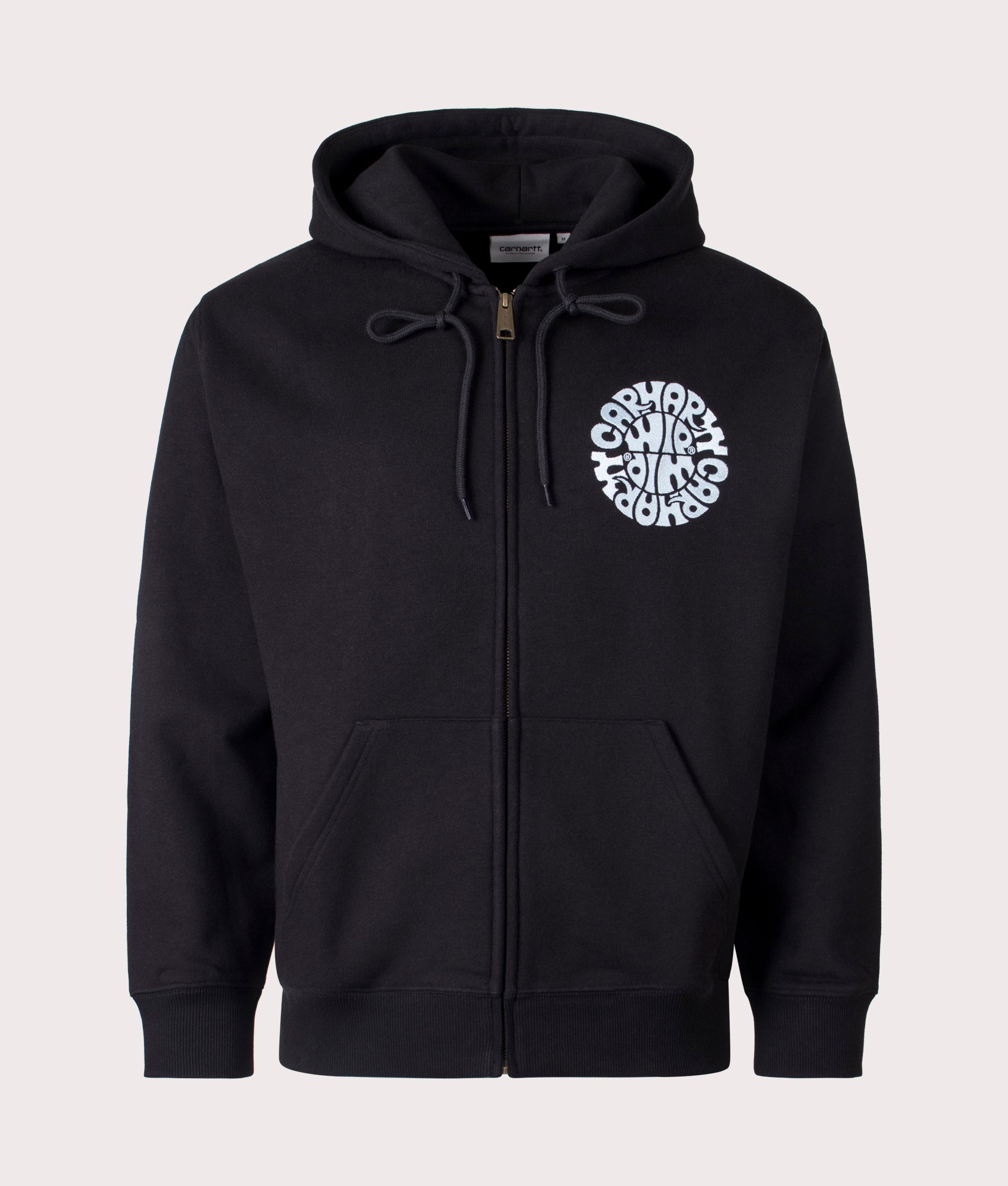 Carhartt WIP Relaxed Fit Jazzy Zip-through Hoodie in Black/Air Sky at EQVVS. Front shot.