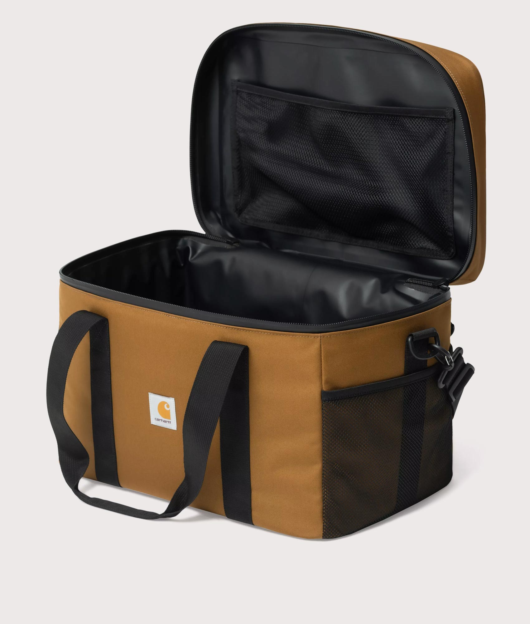 Carhartt WIP Cooler Bag in Hamilton Brown at EQVVS Menswear. Open shot.