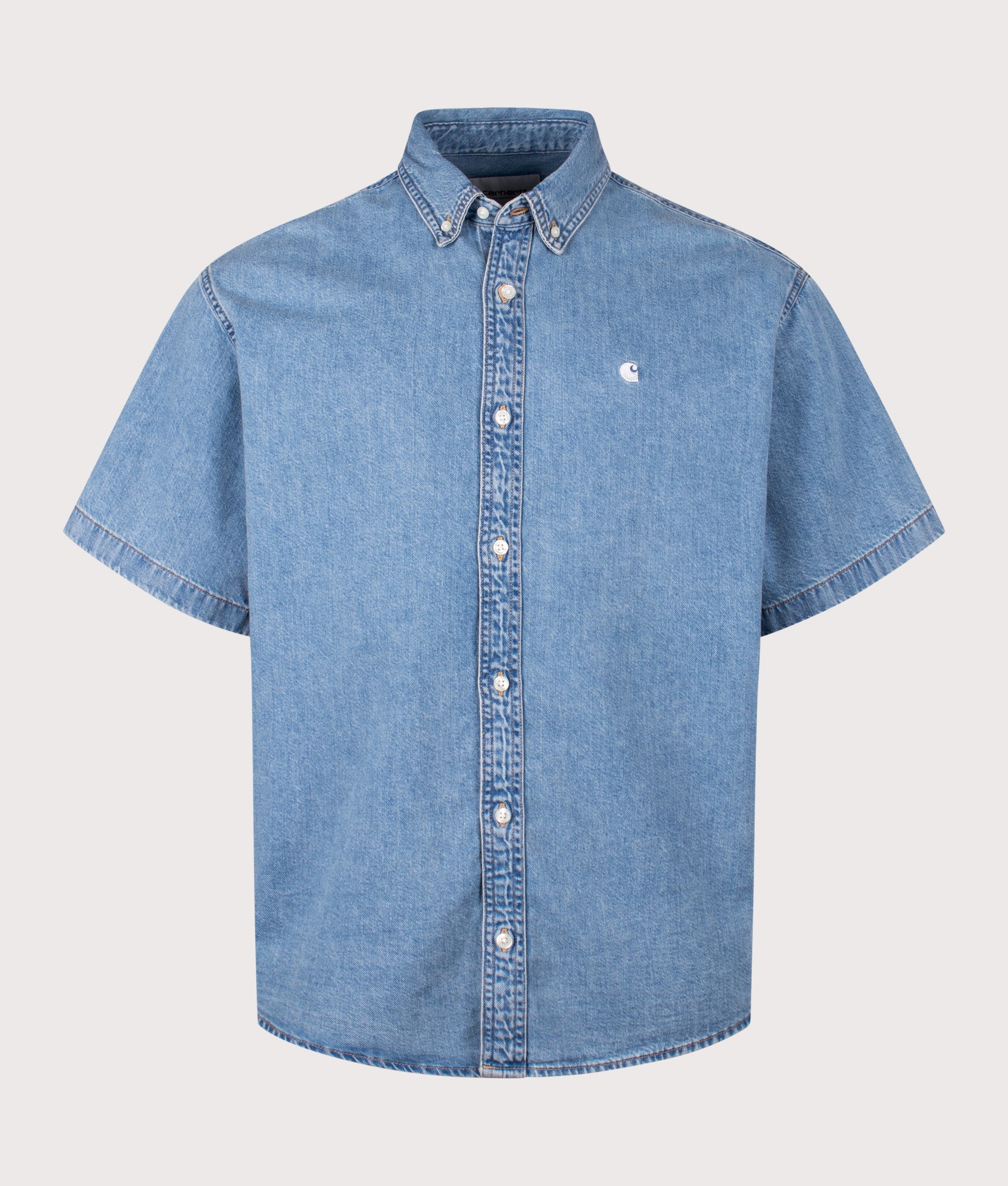 Carhartt WIP Relaxed Fit Lucas Short Sleeve Shirt in Blue at EQVVS Menswear. Front shot.