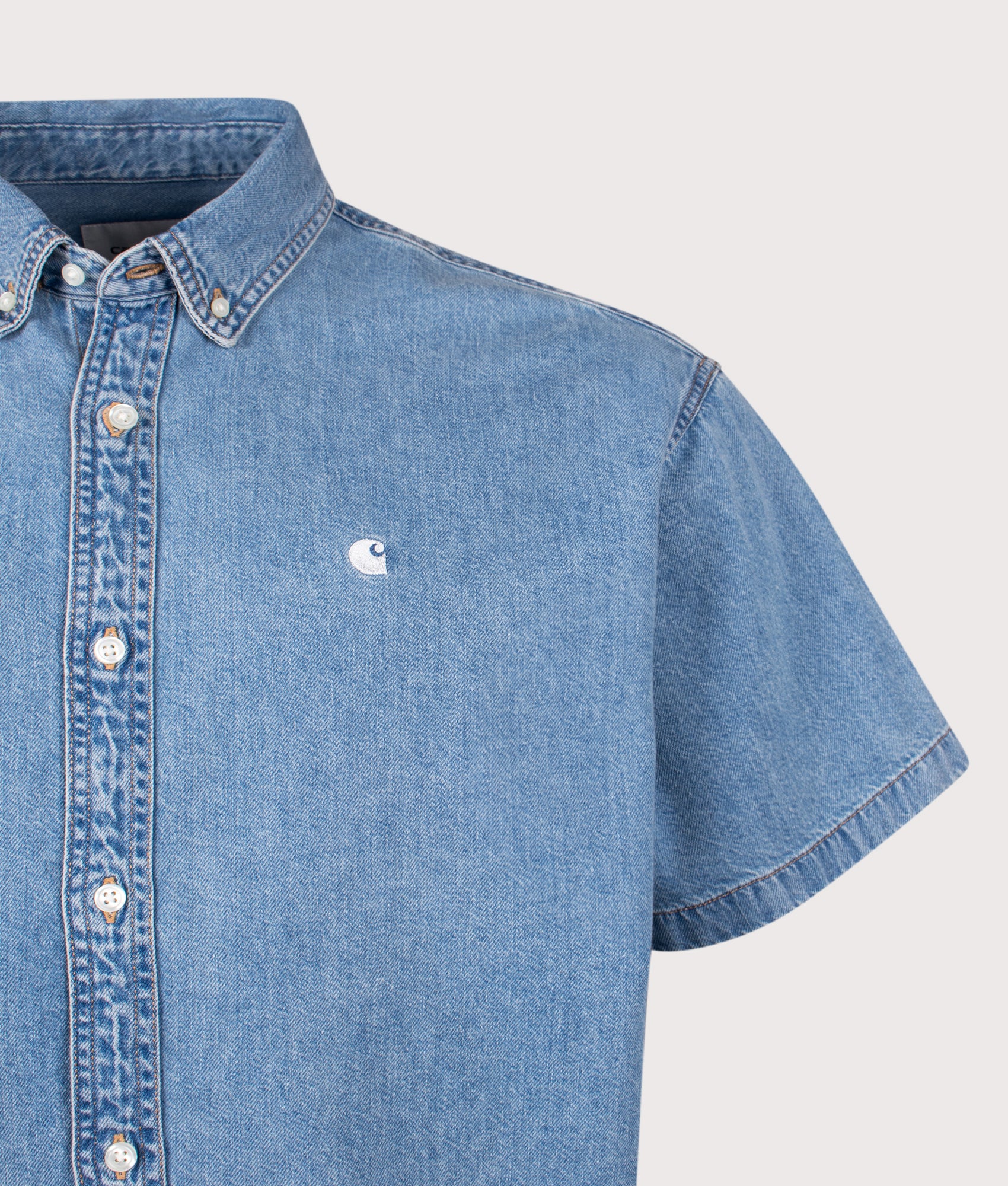 Carhartt WIP Relaxed Fit Lucas Short Sleeve Shirt in Blue at EQVVS Menswear. Detail shot.