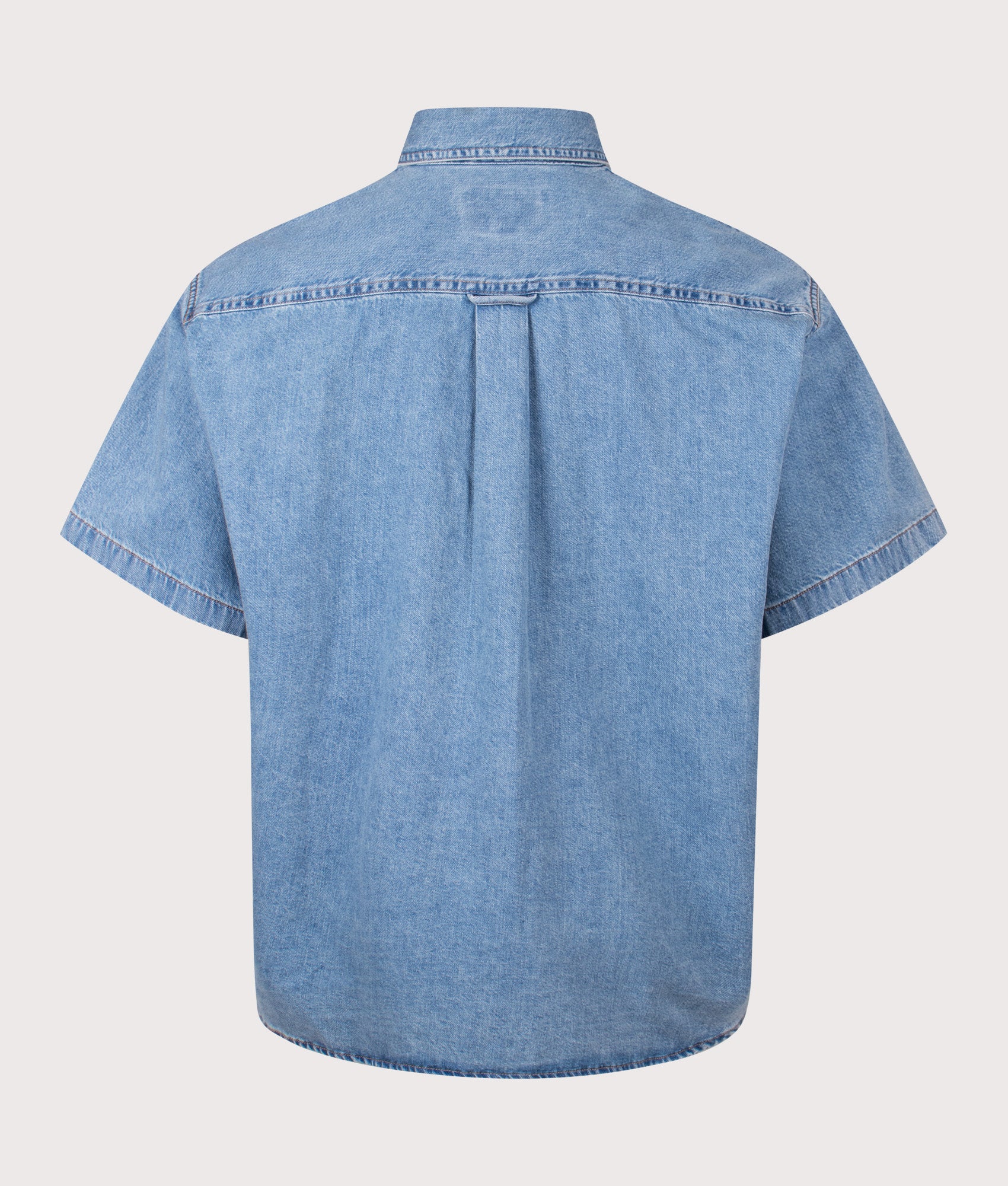 Carhartt WIP Relaxed Fit Lucas Short Sleeve Shirt in Blue at EQVVS Menswear. Back shot.