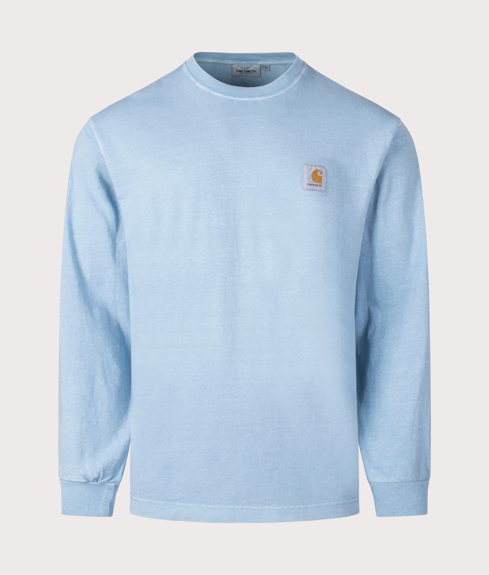 Carhartt WIP Relaxed Fit Long Sleeve Nelson T-Shirt in Clay Blue, 100% Cotton at EQVVS. Front shot. 