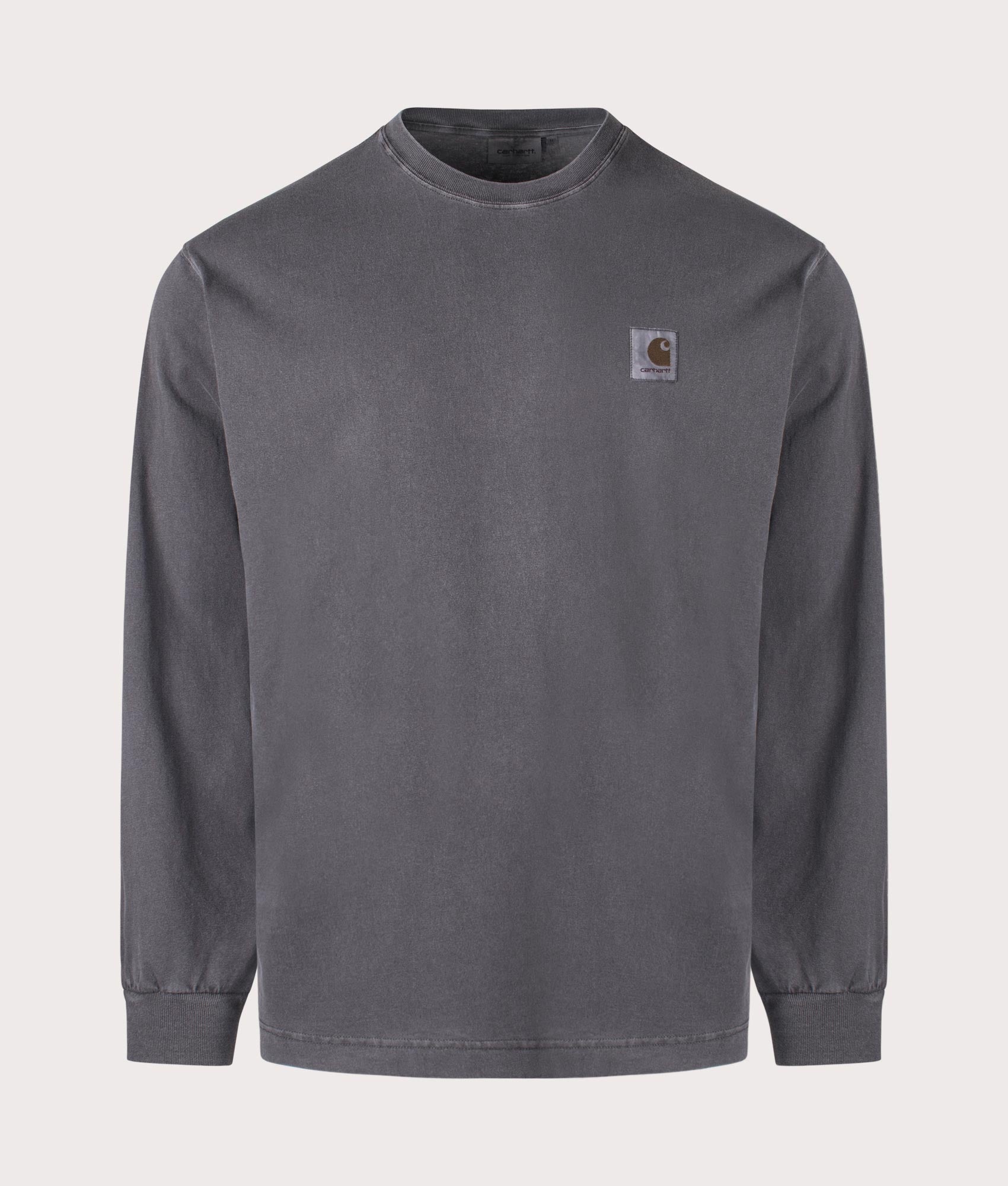 Carhartt WIP Relaxed Fit Long Sleeve Nelson T-Shirt in Graphite, 100% Cotton at EQVVS. Front shot. 