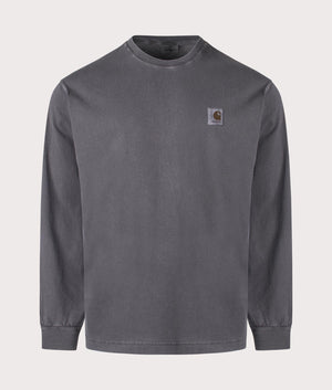 Carhartt WIP Relaxed Fit Long Sleeve Nelson T-Shirt in Graphite, 100% Cotton at EQVVS. Front shot. 