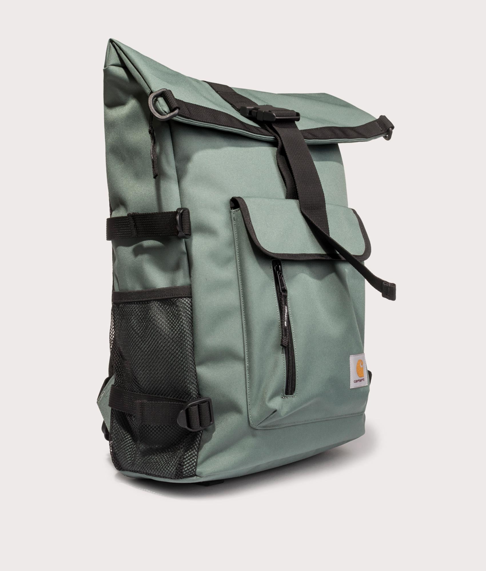 Carhartt WIP Philis Backpack in Silver Pine. Shot at EQVVS. Front Angled shot 