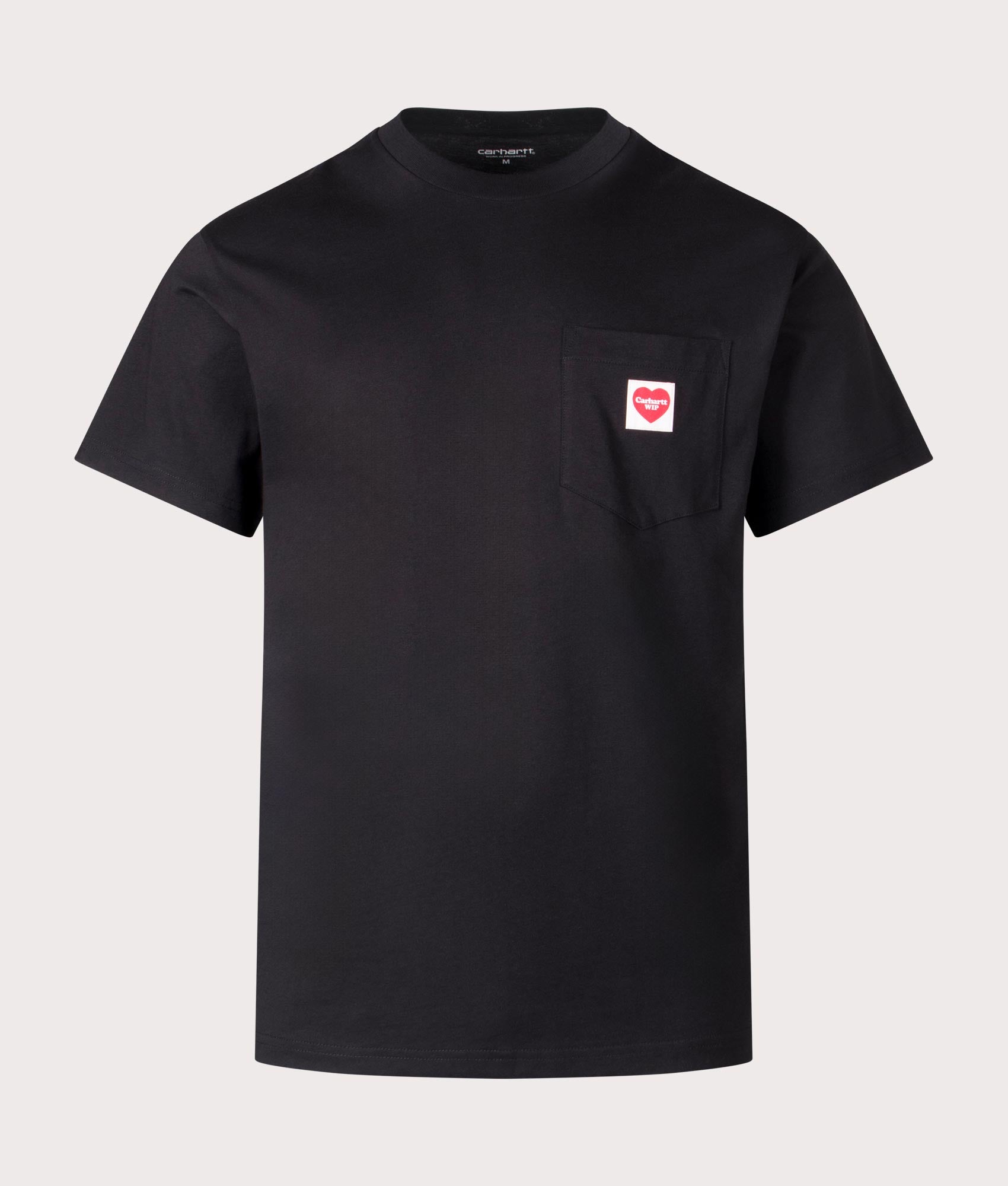 Carhartt WIP Relaxed Fit Pocket Heart T-Shirt in Black, 100% cotton at EQVVS. Front shot.