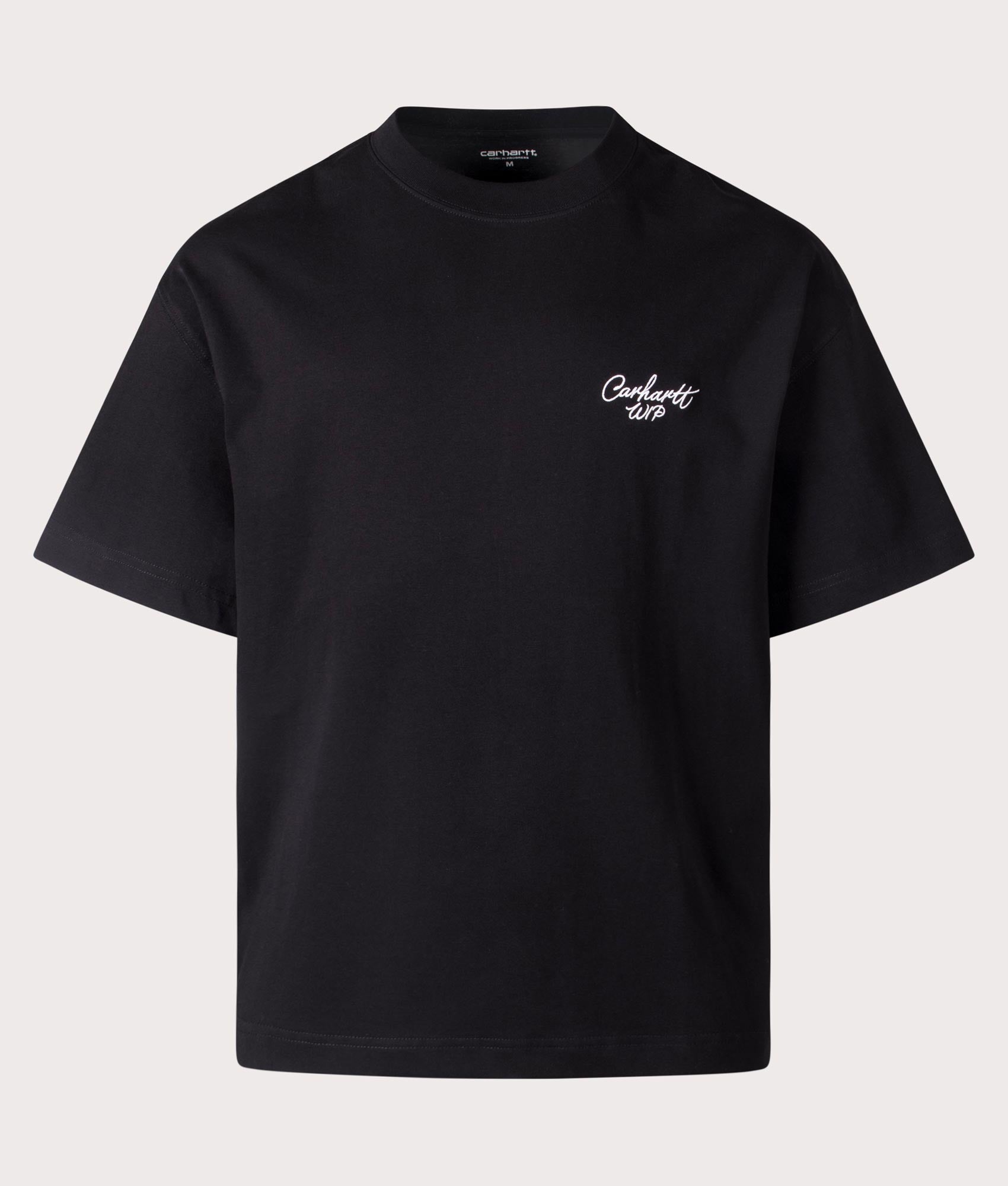 Carhartt WIP Signature Script T-Shirt in Black/White EQVVS Menswear. Front shot.