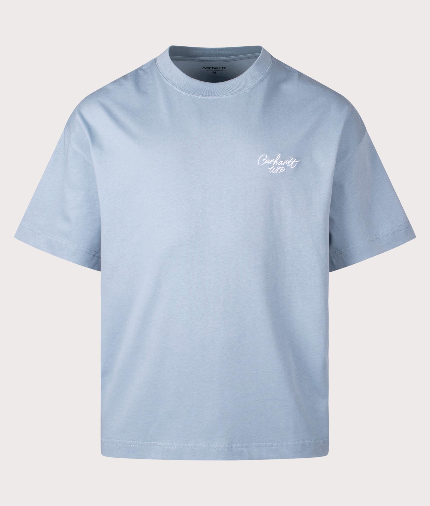 Carhartt WIP Signature Script T-Shirt in Frosty Blue at EQVVS Menswear. Front shot.