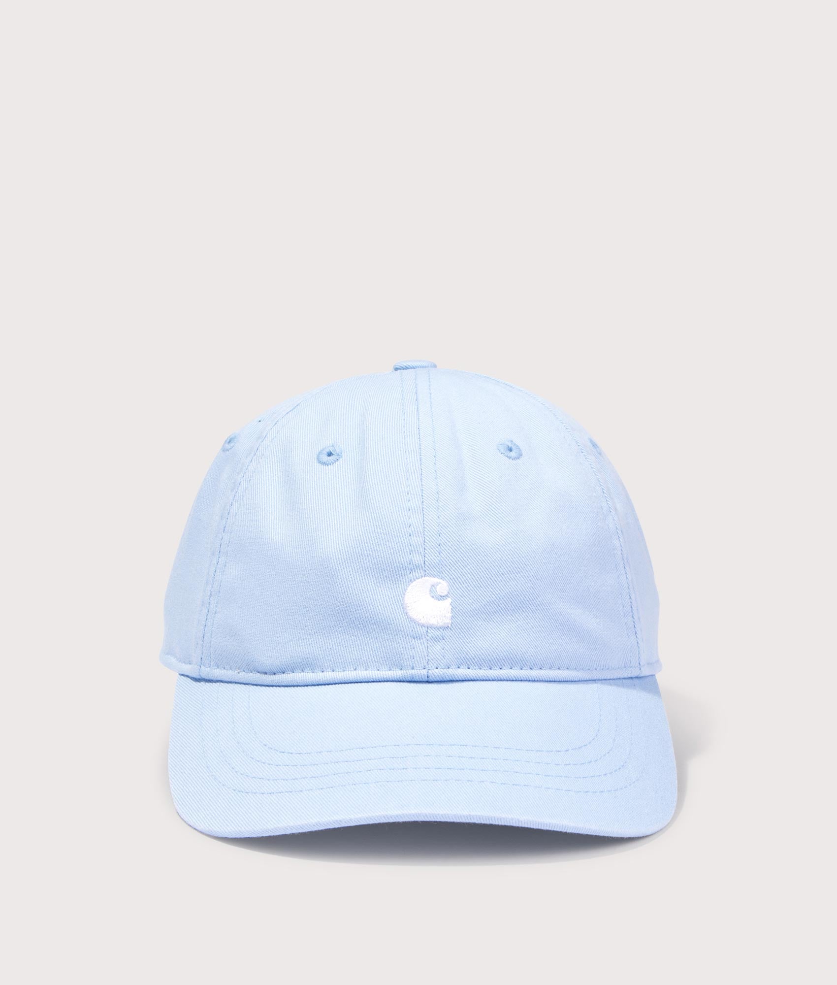 Carhartt WIP Madison Logo Cap in Air Sky and White at EQVVS Menswear. Front shot.