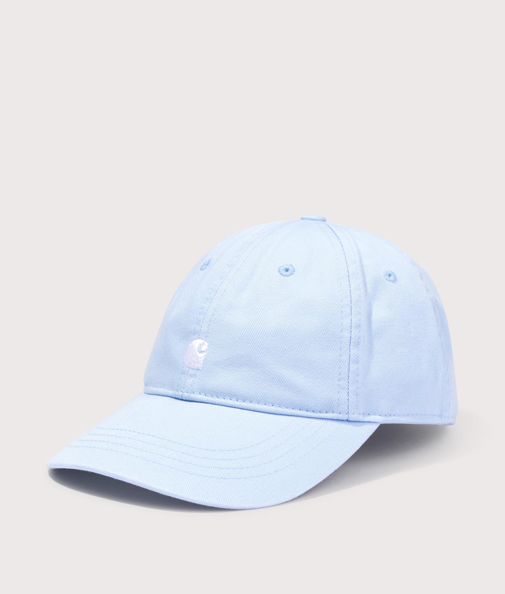 Carhartt WIP Madison Logo Cap in Air Sky and White at EQVVS Menswear. Angled front shot.