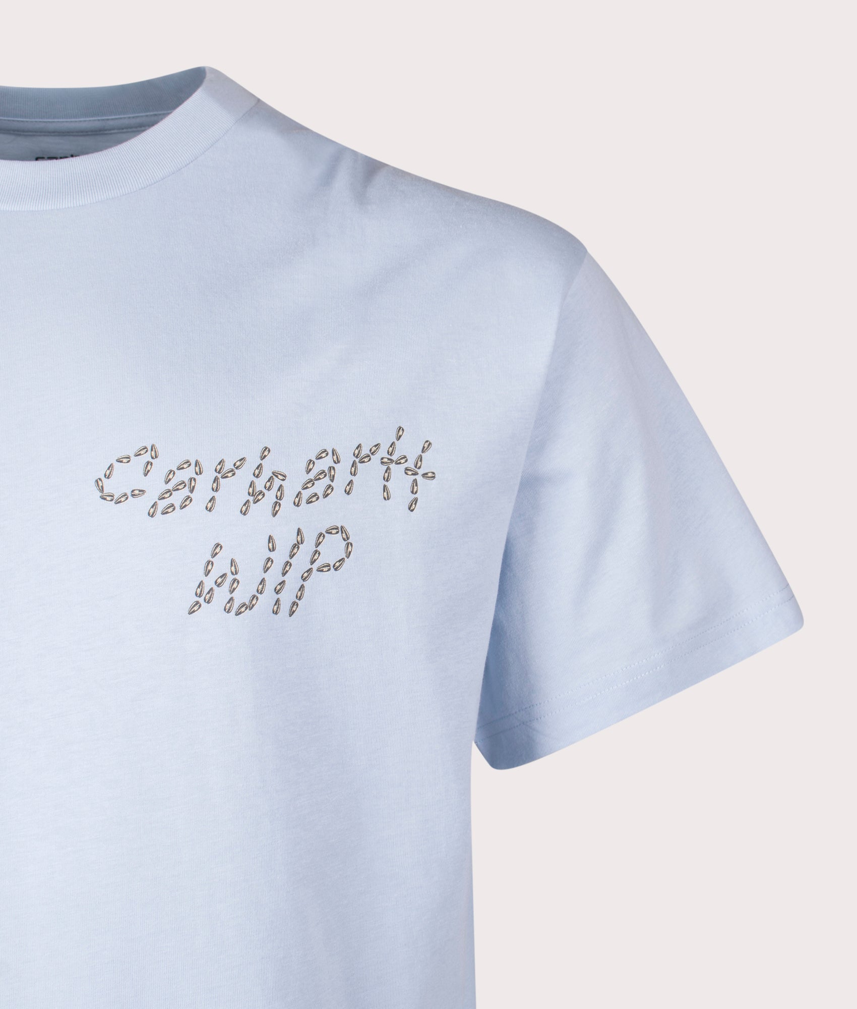 Carhartt WIP Relaxed Fit Sunflower T-Shirt in Air Sky, 100% cotton at EQVVS. Close-up shot. 