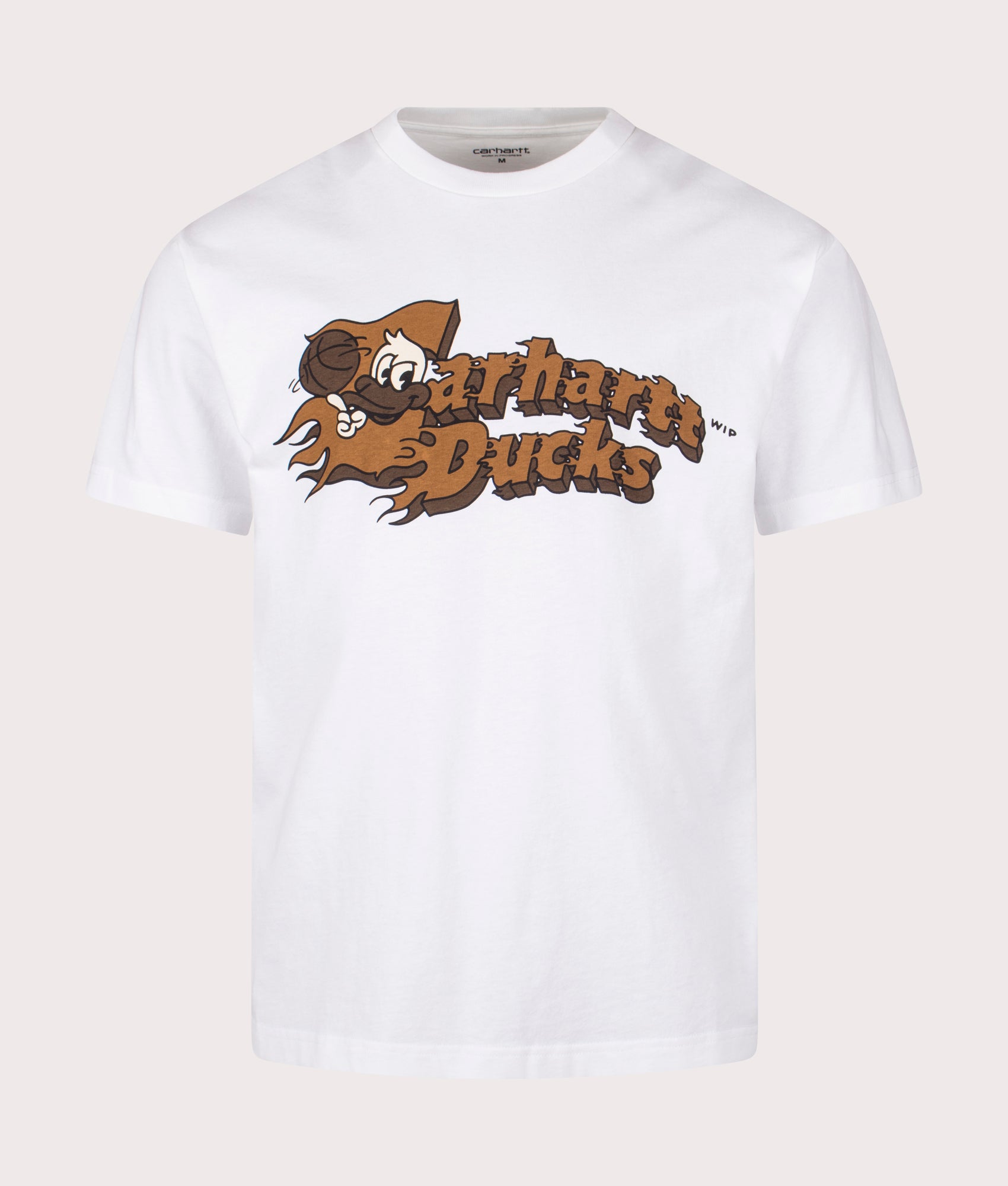 Carhartt WIP Relaxed Fit Flaming Ducks T-Shirt in White, 100% cotton at EQVVS. Front shot. 