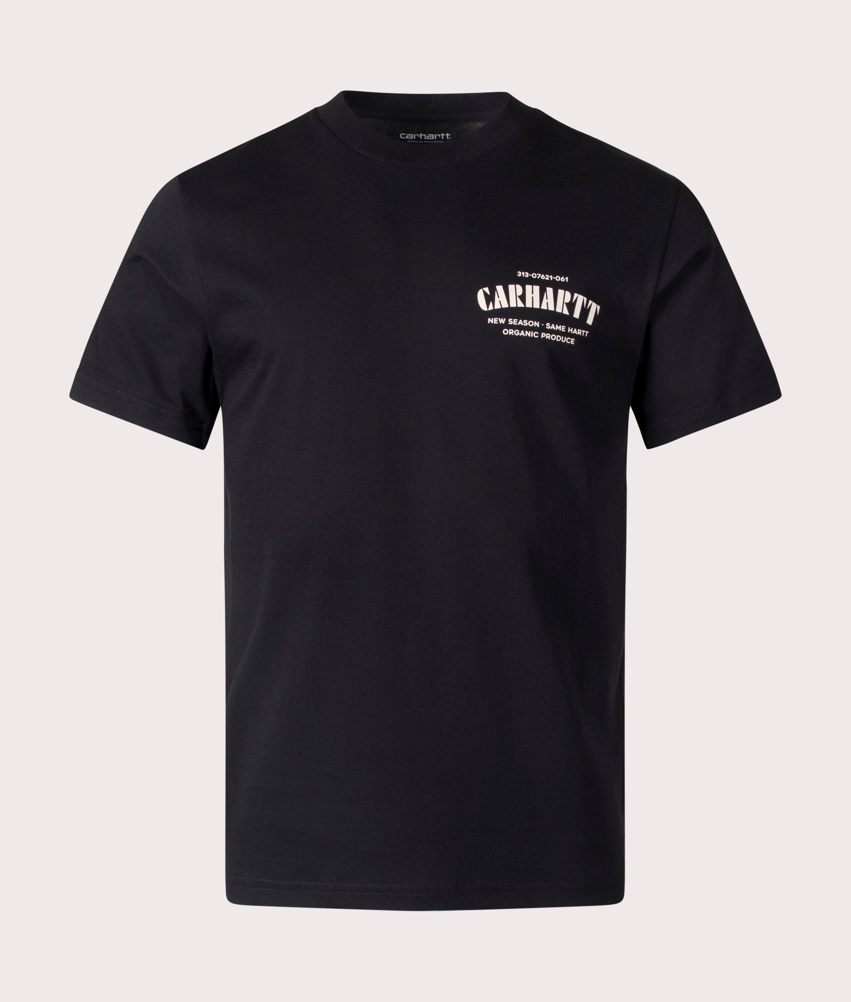 Carhartt WIP Catalogue C Logo T-Shirt in Black, 100% cotton at EQVVS. Front shot. 