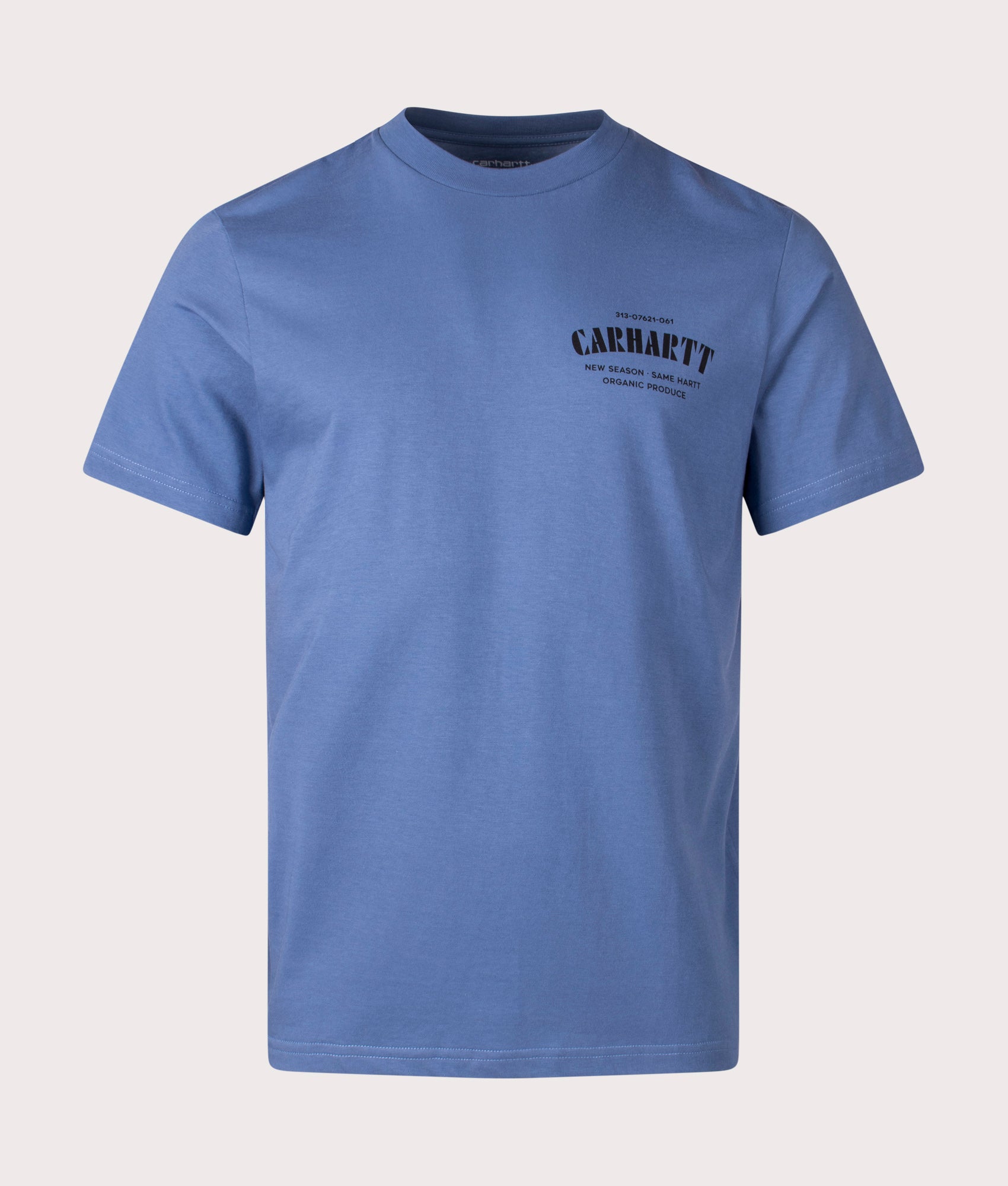 Carhartt WIP Catalogue C Logo T-Shirt in Blue Iris, 100% cotton at EQVVS. Front shot. 