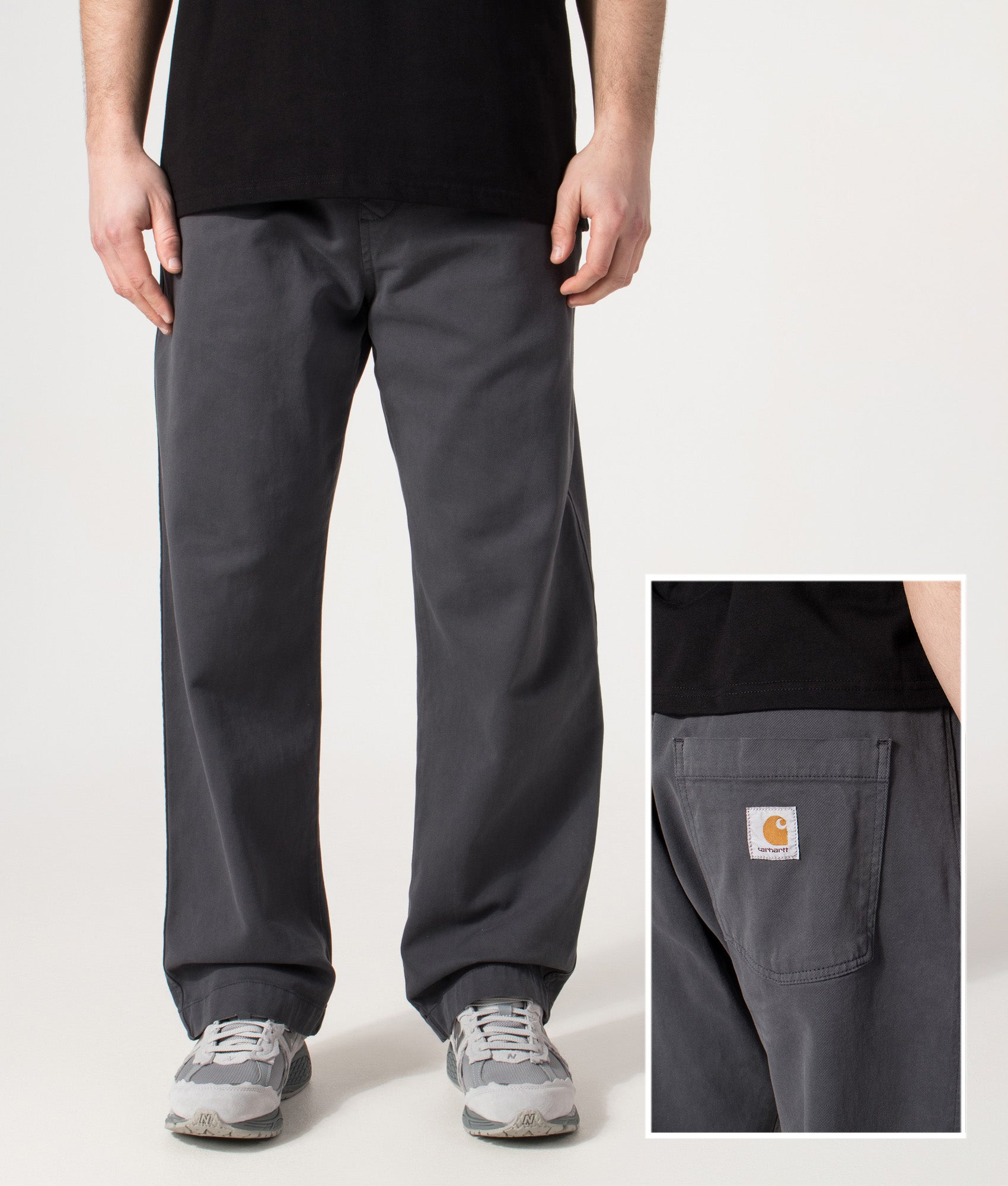 Carhartt WIP Relaxed Fit Floyde Pants in  Graphite at EQVVS Menswear. Front and back detail shot.