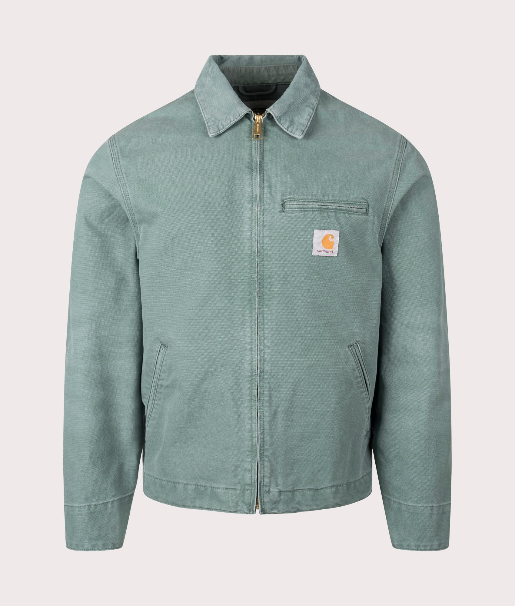 Carhartt WIP Detroit Jacket in Silver Pine, 100% Cotton at EQVVS. Front shot. 