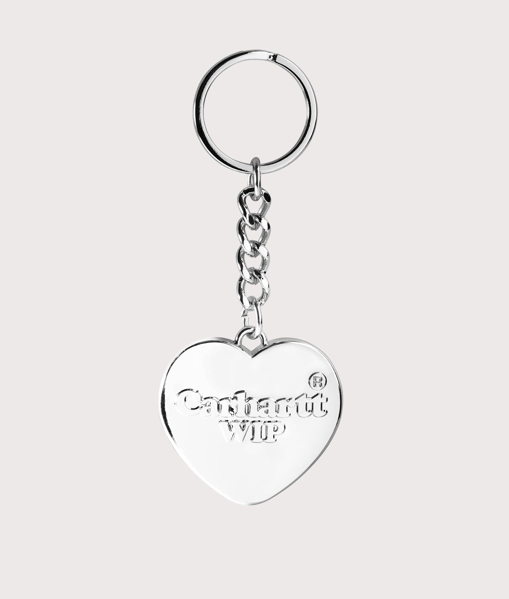 Carharrt WIP  Heart Keychain in Silver. Shot at EQVVS.  Front shot 