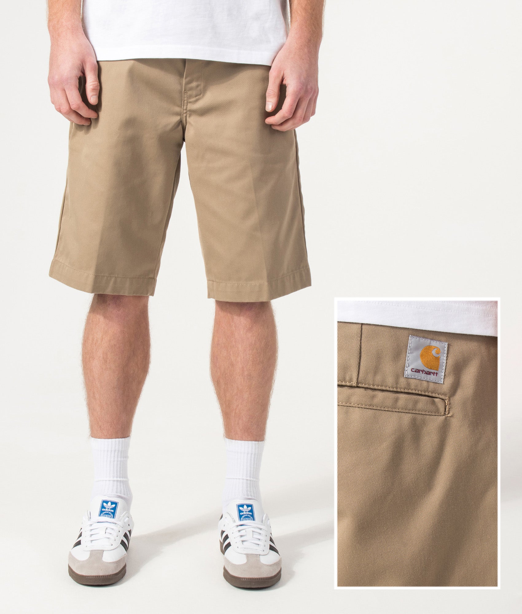 Carhartt WIP Relaxed Fit Master Shorts  in Leather at EQVVS Menswear. Front and back detail shot.