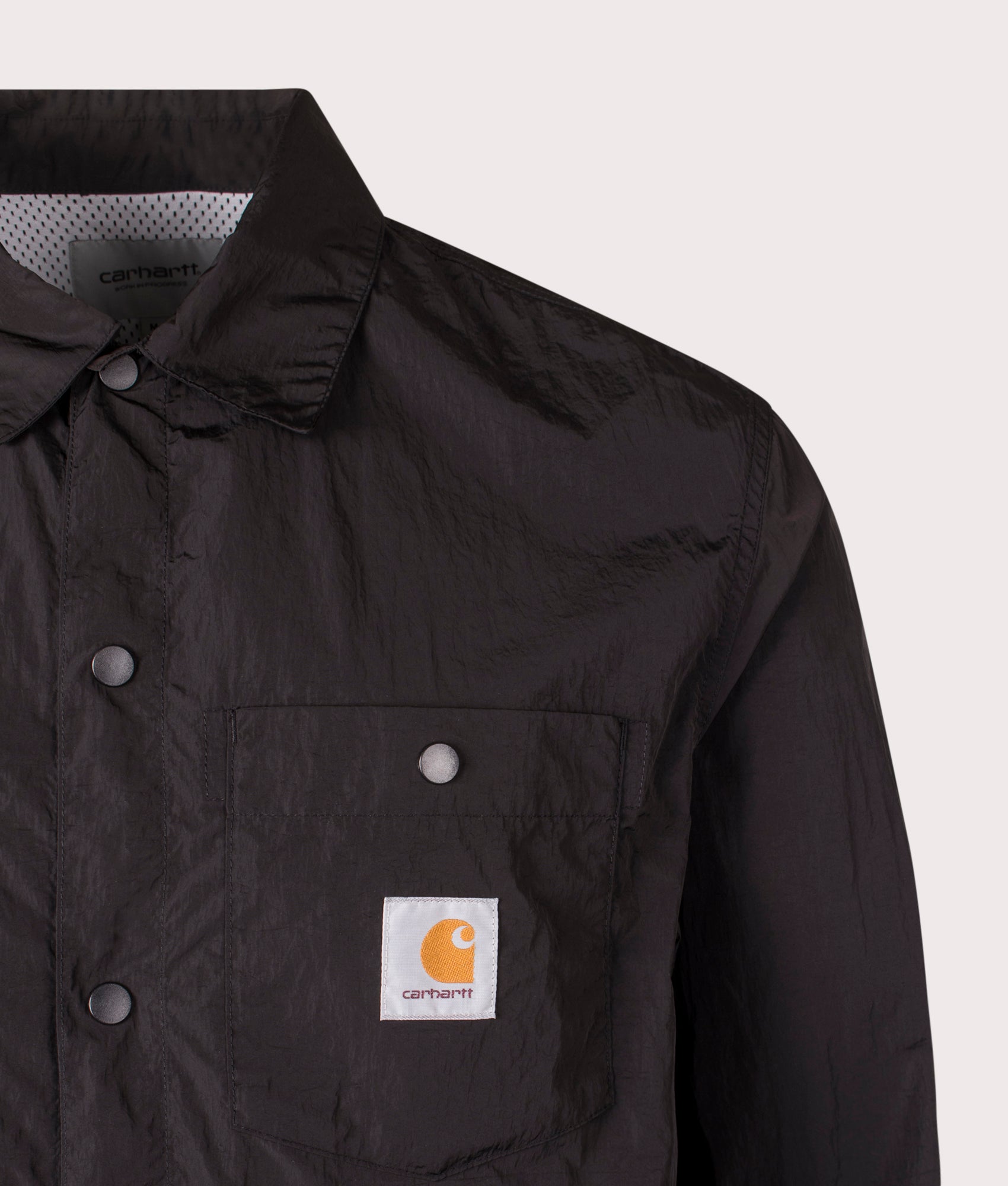 Carhartt WIP Canby Overshirt in Black at EQVVS. Close-up shot. 
