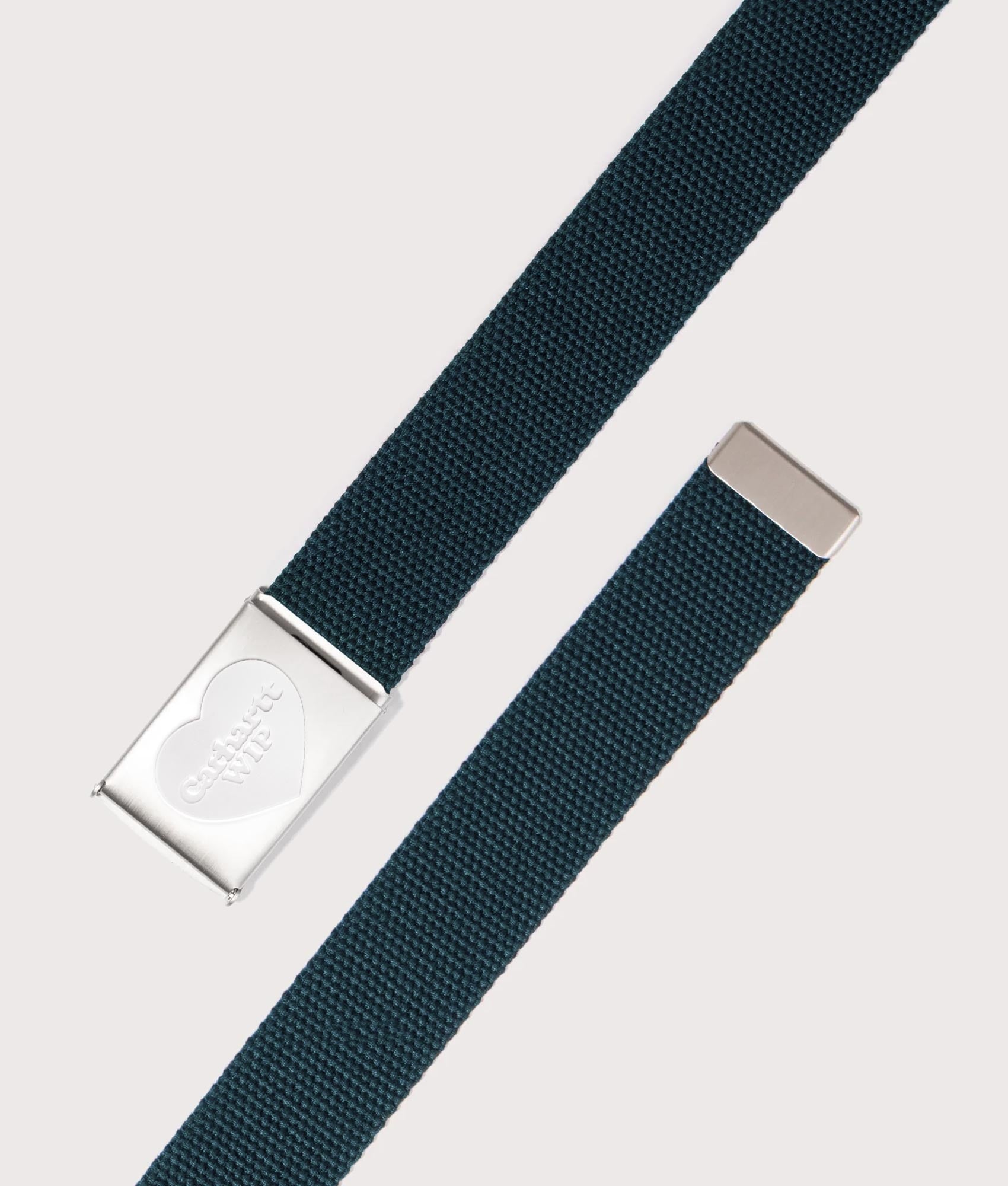 Carhartt WIP Heart Clip Belt in Deep Lagoon and Silver at EQVVS Menswear. Open shot.