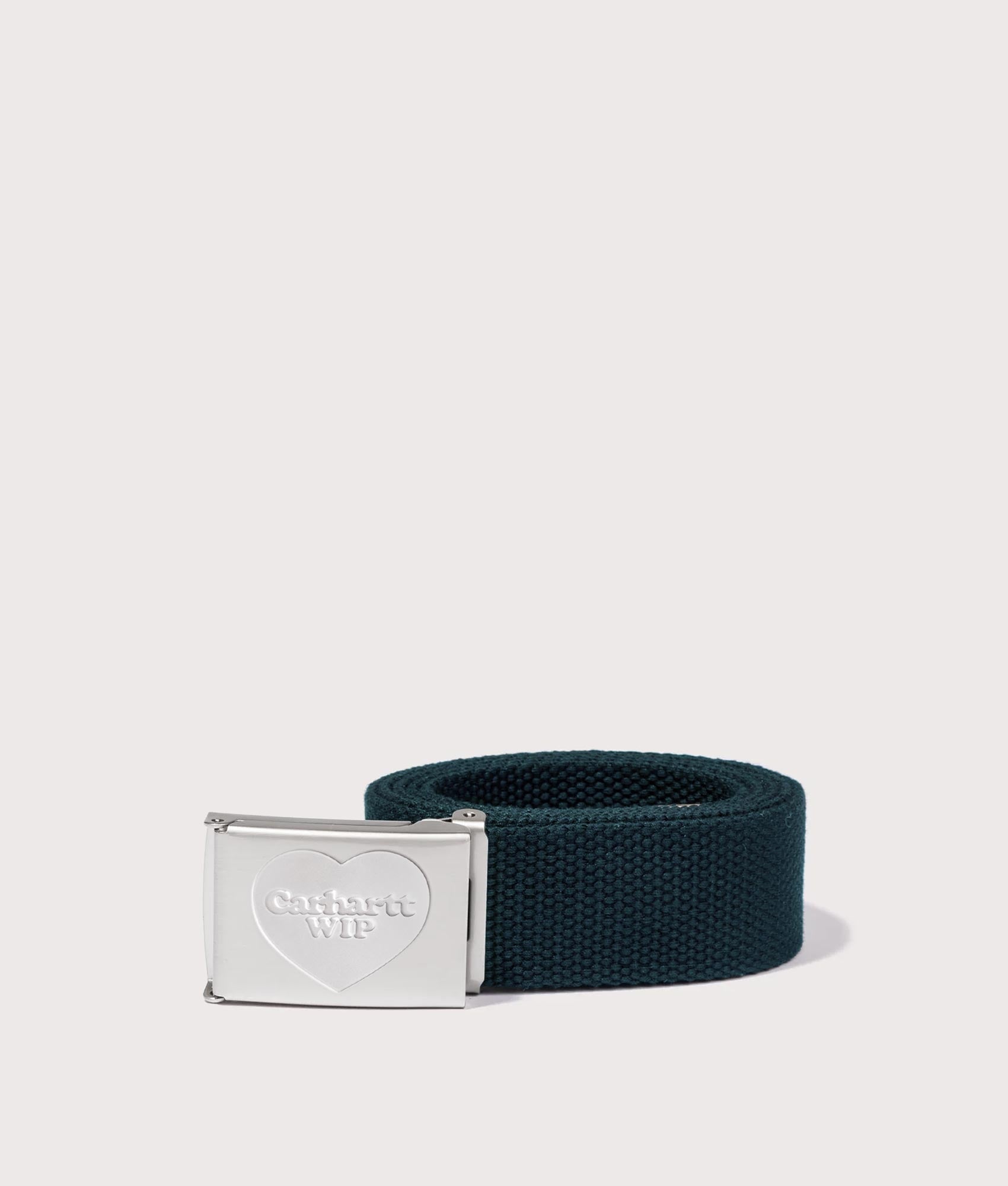 Carhartt WIP Heart Clip Belt in Deep Lagoon and Silver at EQVVS Menswear. Rolled shot.