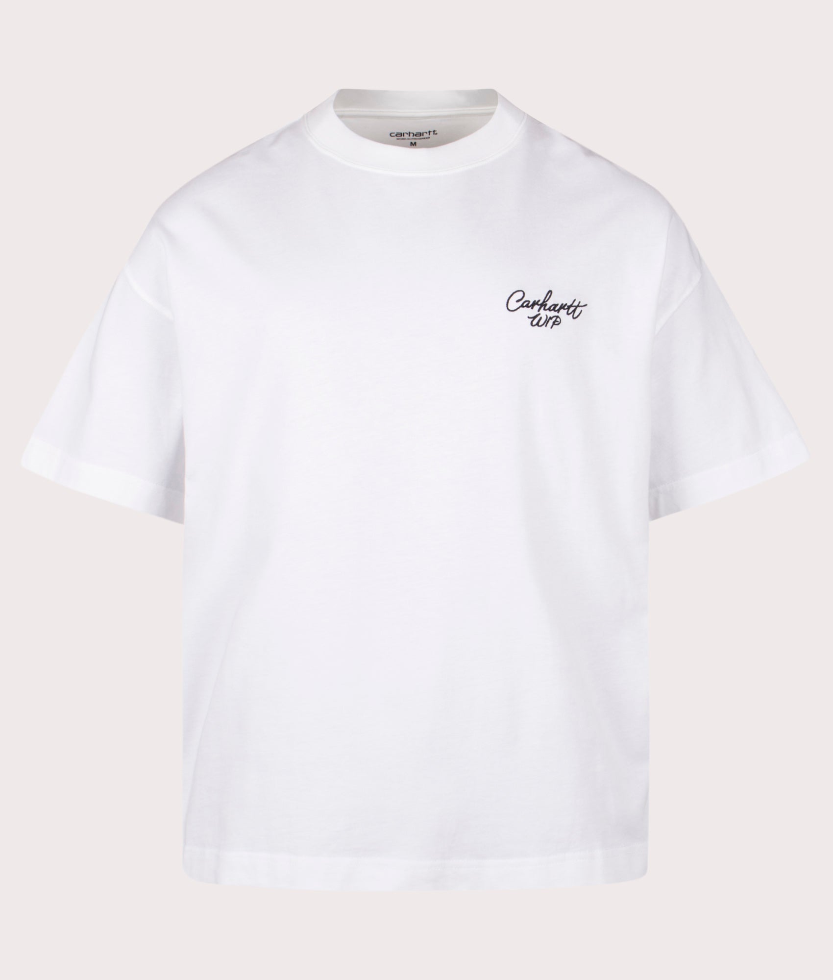 Carhartt WIP Boxy Loose Fit Signature Script T-Shirt in White and Black at EQVVS Menswear. Front shot.
