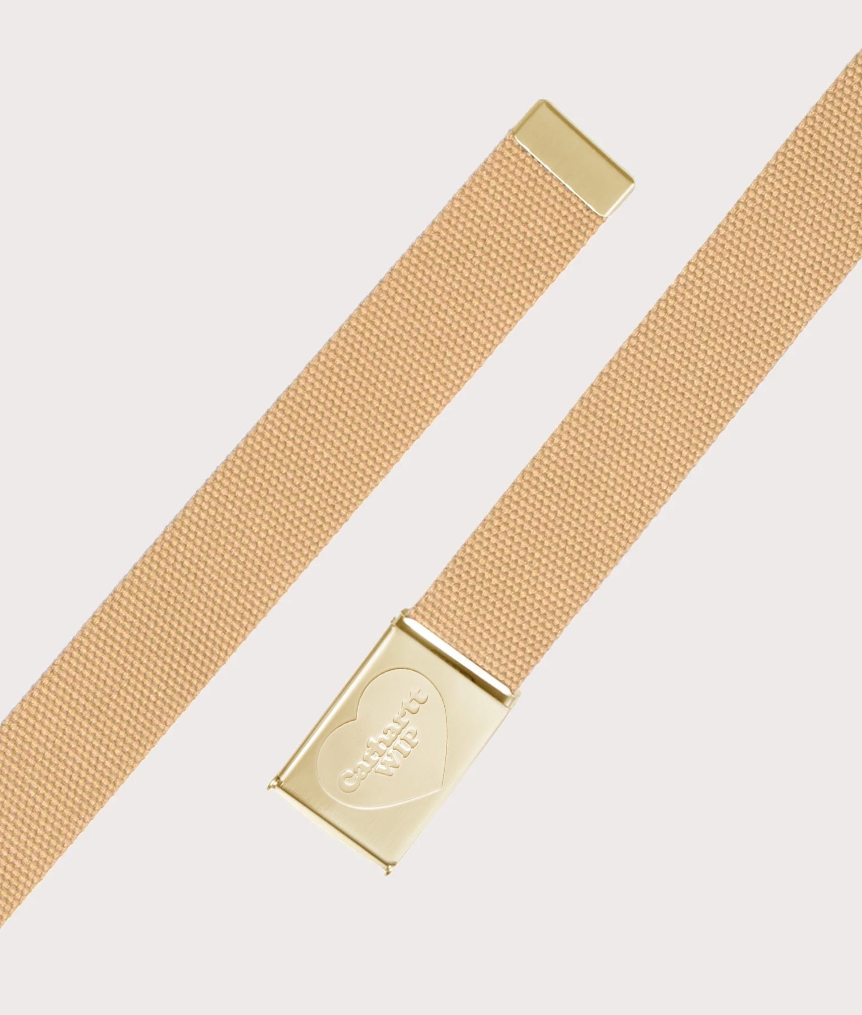 Carhartt WIP Heart Clip belt in the Dusty H Brown and Gold at EQVVS Menswear. Open shot.