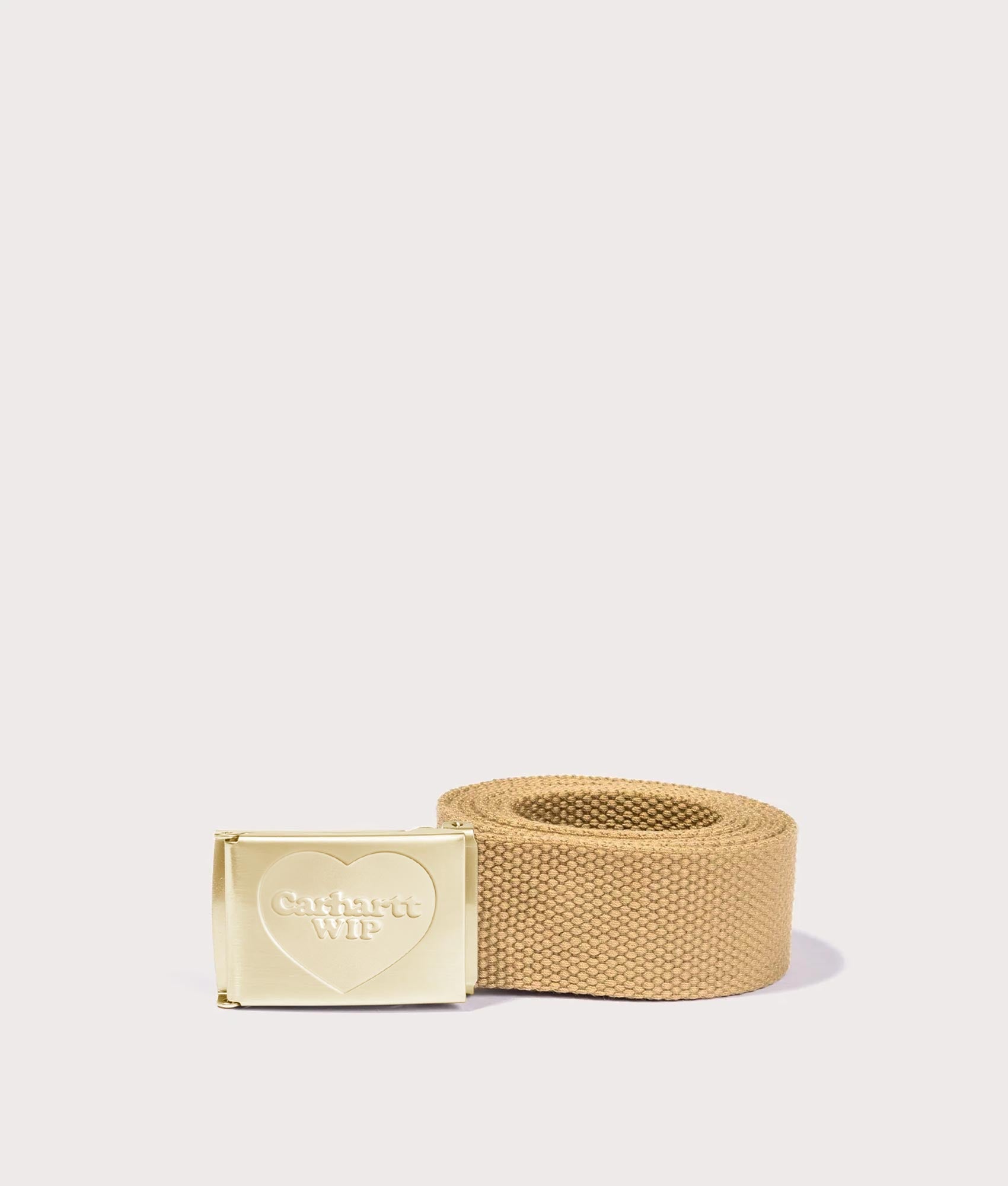 Carhartt WIP Heart Clip belt in the Dusty H Brown and Gold at EQVVS Menswear. Rolle up shot.