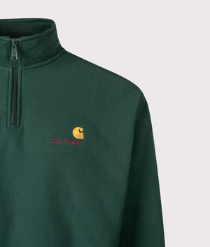 Relaxed Fit Half Zip American Script Sweatshirt by Carhartt WIP in Dark Fir. Shot by EQVVS. Detail shot.